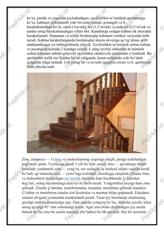 ni bezaydigan meʼmorlik elementi ham hisoblanadi. u istirohat bogʻlari, ochiq maydonlarga ham koʻrk berib turadi. yodgorliklar poyiga ham zina qilinadi. zinalar gʻishtdan, temirbetondan, taxtadan, metalldan qilinishi mumkin. gʻishtin va temirbeton zinalar sirti koshinlar va marmar bilan qoplanadi. eskalator zinalari dvigatel yordamida harakatlanib turadi. turar joy binolarida zinalarning qiyaligi muhim ahamiyatga ega: zina qancha yotiqroq boʻlsa, shuncha yaxshi, lekin uning qiyaligi 45° dan oshmasligi lozim. agar zina bilan chiqiladigan joy ancha baland boʻlsa zina bir necha marshga (boʻlakka) boʻlib quriladi. har bir marshda kamida 3 ta, ko'pi bilan 10 ta zinapoya boʻlishi kerak. zinapoya marshining eni 90 sm dan tor boʻlmasligi lozim. oddiy zina qurishning iloji boʻlmagan joylarda (masalan, joy yetarli boʻlmaganda) vintsimon zinalar quriladi. koʻpincha, bunday zinalar metalldan yasaladi. vintsimon zinaning diametri kamida 2 m boʻlishi kerak. zina bandi (qoʻl ushlab chiqiladigan toʻsiq) ning balandligi 1 m atrofida qilinadi. zina, oddiy zinaxona, tutun kirmaydigan zinaxona, zina marshi, zina maydonchasi, zina …