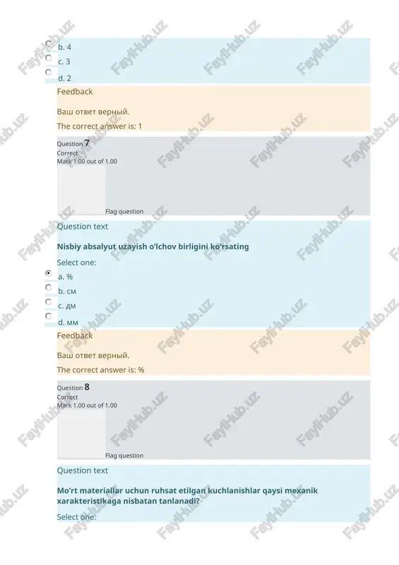 g question question text choyan uchun kuchlanishlar konsentrasiyasi nima uchun xavfsiz select one: a. qoldiq deformatsiya yo’q b. plastik deformatsiya yo’qligi uchun c. deformatsiya yo’q d. deformatsiya mavjud feedback vash otvet verniy. the correct answer is: qoldiq deformatsiya yo’q question 20 correct mark 1.00 out of 1.00 flag question question text nima uchun cho’zilish diagrammasi shartli deyiladi select one: a. namunadagi mavjud xatoligi uchun b. kuch sekin qo’yilgani uchun c. o’lchashdagi qo’yilgan xatoligi uchun d. kesim yuzasi o’zgarmas hisoblangani uchun feedback vash otvet verniy. the correct answer is: kesim yuzasi o’zgarmas hisoblangani uchun question 21 correct mark 1.00 out of 1.00 flag question question text cho’zilish diagrammasi materialni qaysi mexanik sinash turida hosil bo’ladi? select one: a. siljishga b. buralishga c. siqilishda d. cho’zilishga feedback vash otvet verniy. the correct answer is: cho’zilishga image1.wmf image2.wmf image3.wmf