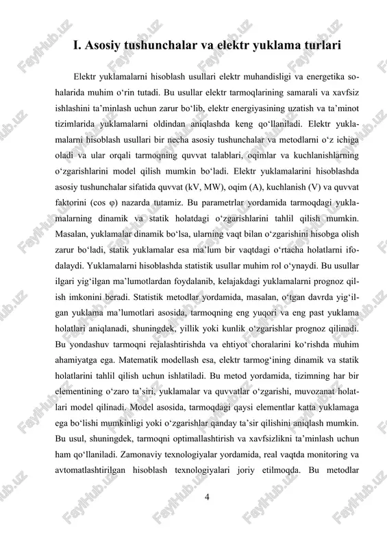atistik prognoz metodlari elektr yuklamalarni hisoblashda muhim ahamiyatga ega bo‘lgan yondashuvlardir. bu usullar yordamida elektr tarmoqlari va ularning elementlarining quvvat talablarini aniqroq baholash, shuningdek, kelajakdagi yuklamalarni prognoz qilish mumkin bo‘ladi. ular elektr muhandisligi va energetika sohalarida tizimning samaradorligini oshirish, xavfsizligini ta’minlash va iqtisodiy xarajatlarni kamaytirishga xizmat qiladi. elektr yuklamalarni matematik modellash bilan tahlil qilish jarayonida, avvalo, tizim parametrlarini aniq ifodalovchi formulalar va tenglamalar ishlab chiqiladi. bu parametrlar orasida quvvat (kv, mw), oqim (a), kuchlanish (v) va quvvat faktorining (cos φ) roli katta. masalan, statik va dinamik yuklamalar uchun alohida modellar ishlab chiqiladi. statik modellarda, odatda, vaqt bo‘yicha o‘zgarishlar hisobga olinmaydi va yuklamalar o‘rtacha qiymatlarda tahlil qilinadi. dinamik modellarda esa, yuklamaning vaqt davomida o‘zgarishi va tizimdagi o‘zaro ta’sirlar hisobga olinadi. bu modellash usullari yordamida, elektr tarmog‘ining rejalashtirish va ishga tushirish bosqichlarida, yuklamalarning realistik ko‘rinishi va ehtimollik asosida baholanadi. statistik prognoz metodlari esa, mavjud ma’lumotlar va tarixiy statistik tahlilga asoslangan holda, kelajakdagi …