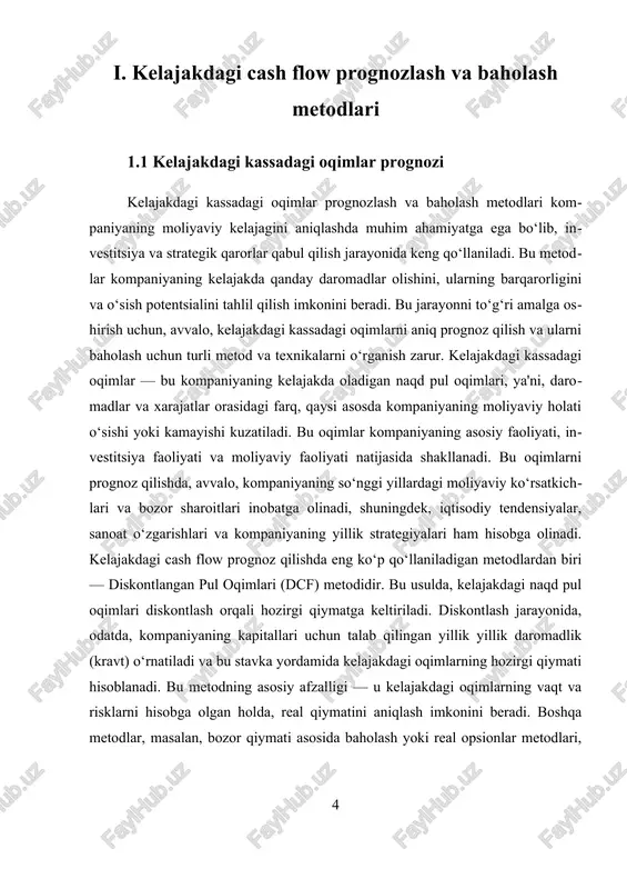 elajakdagi kassadagi oqimlarni prognozlash va baholash kompaniyaning moliyaviy barqarorligini va o‘sish imkoniyatlarini aniqlashda muhim rol o‘ynaydi. bu metodlar yordamida, kompaniyalar o‘zining strategik rejalari va investitsiya qarorlarini yanada asosli va aniq qabul qilish imkoniga ega bo‘ladilar. shu bilan birga, texnologik rivojlanishlar va ehtimollik yondashuvlar bu jarayonlarni yanada samarali va ishonchli qilishga yordam bermoqda, natijada kompaniya qiymatini to‘g‘ri baholash imkoniyatlari kengaymoqda. 1.2 daromadlarni baholashda metodlar va texnikalar daromadlarni baholashda metodlar va texnikalar, kompaniyaning kelajakdagi moliyaviy salohiyatini aniqroq tushunish uchun muhim vositalardan biridir. bu jarayon, kompaniyaning kelajakdagi daromadlarini prognoz qilish va ularni baholash uchun turli metodlar va texnikalardan foydalanishni o'z ichiga oladi. ushbu metodlar yordamida investorlar va moliyaviy mutaxassislar kompaniyaning o'sish imkoniyatlarini, risklarini va qiymatini aniqlashga harakat qiladilar. birinchidan, daromadlarni baholashda asosiy tushunchalardan biri – kelajakdagi cash flow yoki kassadagi oqimlarni prognoz qilishdir. cash flow – bu kompaniyaning moliyaviy faoliyatidan olingan naqd pul oqimlarini ifodalaydi va uning kelajakdagi o'sishini aniqlash uchun muhim asos …