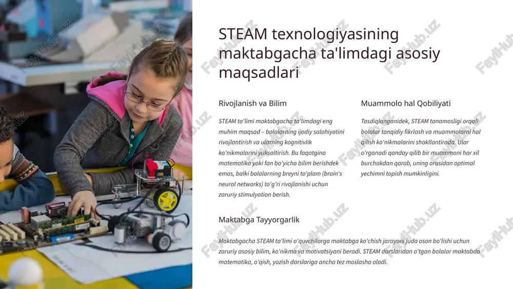 lashni o‘rganadilar. steam ta’limining amaliy qo‘llanilishi bolalarda kuzatuvchanlik, tafakkur, ijodkorlik, mantiqiy fikrlash va mustaqil qaror qabul qilish ko‘nikmalarini rivojlantiradi. eng muhimi, bola olgan bilimini real hayotda qo‘llay olishga o‘rganadi. maktabgacha ta’limda steam yondashuvining amaliy tatbiqi bola shaxsini har tomonlama rivojlantirish, ularni zamonaviy dunyo talablariga javob beradigan ijodkor va fikrlovchi shaxs sifatida shakllantirishning eng samarali yo‘llaridan biridir. steam texnologiyasining bolalar rivojiga ta'siri steam texnologiyasining bolalarning o'smirlik davriga ta'siri juda chuqur va ijobiy. o'tkazilgan ko'plab tadqiqotlar shuni ko'rsatadiki, steam ta'limdan o'tgan bolalar boshqa bolalarga nisbatan juda ko'p faydali ko'nikmalarni o'zlashtirgan bo'ladi. muammolarning ko'p yechimi bolalar bir muammoni bir nechta yo'l bilan hal qila oladilar va bu ularning tanqidiy fikrlashini rivojlantiraddi. jamoaviy ish va liderlik steam loyihalari odatda jamoali ishlash talab etadi. bolalar bir-biriga yordam beradilar, o'zlarining ideyalarini ifodalaradilar va birgalikda muhim qarorlar qabul qiladilar. o'z-o'zini namoyon qilish steam darslarida bolalar o'zlarining qanday fikrlayotganini, nimani aniqlashni va nima qilishni xoxlashini erkin ifodalasha oladi. …