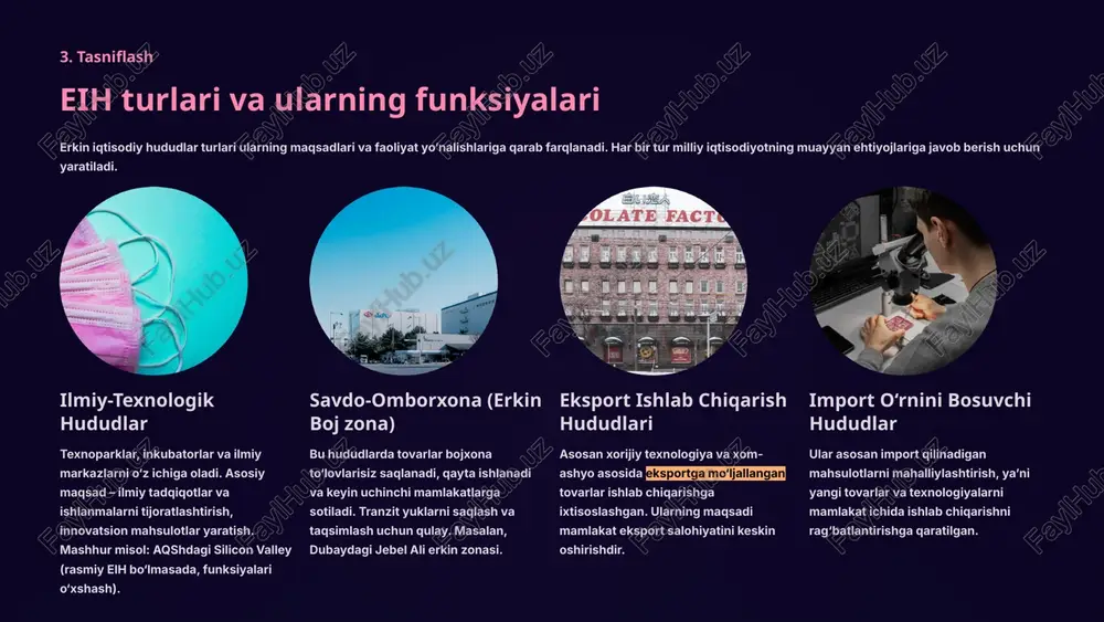 vjud (masalan, "astana – yangi shahar", "xorgos – sharqiy darvoza"). ular asosan logistika, neft-kimyo va mashinasozlik sohalariga ixtisoslashgan bo‘lib, ularning iqtisodiy samaradorligi yildan-yilga oshmoqda. tojikiston tojikistonda 2 ta asosiy eih (pyanj va sug‘d) faoliyat yuritmoqda. ular cheklangan resurslarga qaramay, eksport va xorijiy investitsiyalarni rag‘batlantirishga katta e’tibor qaratmoqda. asosiy e’tibor yengil sanoat va agrosanoatga. turkmaniston mamlakatda 10 ta eih tashkil etilgan bo‘lib, ularning aksariyati neft-gaz sohasiga va energetikani rivojlantirishga yo‘naltirilgan. bu esa mamlakatning asosiy tabiiy resurslaridan samarali foydalanishni ta’minlaydi. 6. o‘zbekiston konteksti o‘zbekistonda eihlarning rivojlanish tendensiyalari va muammolari o‘zbekistonda eihlar mamlakat iqtisodiy siyosatining ustuvor yo‘nalishlaridan biridir. 1996-yilda “erkin iqtisodiy zonalar to‘g‘risida”gi qonunning qabul qilinishi ushbu sohaning rivojlanishiga huquqiy asos yaratdi. rivojlanishning asosiy tendensiyalari investitsiyalarni jalb qilish: eihlarda faoliyat yurituvchi korxonalar uchun 7 yildan 10 yilgacha soliq va bojxona imtiyozlari joriy etilgan. eksport salohiyatini oshirish: eihlarda ishlab chiqariladigan mahsulotlarning kamida 50% eksportga yo‘naltirilishi talab etiladi, bu valyuta tushumini oshiradi. hududiy ixtisoslashuv: har …