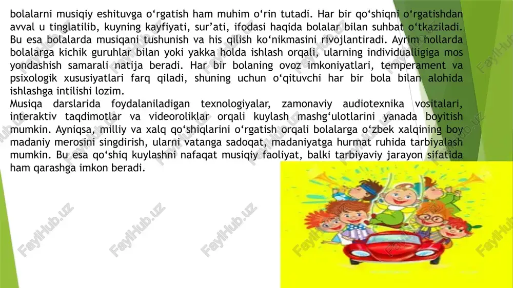 bir misra, so‘z birikmasi yoki musiqiy fraza alohida-alohida o‘rganiladi. har bir bo‘lak alohida kuylab chiqilib, so‘ngra ularning barchasi birlashtiriladi. bu usul bolalarning qo‘shiqni chuqurroq tushunishiga, har bir qismini aniq yod olishiga yordam beradi. shu bilan birga, matnni ifodali aytishga va musiqiy ohangda kuylashga ham katta e’tibor qaratiladi. o‘yinli metodlar — bu bolalar uchun eng sevimli va samarali yondashuvlardan biridir. qo‘shiqni o‘rganish jarayonida musiqiy o‘yinlardan foydalanish, turli harakatlar, klapancha, qo‘g‘irchoqlar, obrazli harakatlar, pantomimalar yordamida qo‘shiq mazmunini gavdalantirish bolalarning darsga bo‘lgan qiziqishini oshiradi. masalan, “qushcha uchib ketdi”, “yomg‘ir yog‘yapti”, “quvnoq bolajonlar raqsga tushmoqda” kabi obrazli holatlarni musiqiy harakat bilan ifodalash orqali bolalar qo‘shiqni yanada jonli, tabiiy tarzda o‘zlashtiradilar. vizual metodlar ham keng qo‘llaniladi. bolalar ko‘rgazmali vositalar yordamida — rasm, slayd, video, musiqa asboblari, rangli kartochkalar orqali qo‘shiqning mazmuni, ritmi va xarakterini yaxshiroq anglab oladilar. masalan, “bahor keldi” qo‘shig‘ini o‘rganayotganda bahor manzaralari tushirilgan rasmlar ko‘rsatilsa, bolalarda musiqiy obrazlar haqida aniq tasavvur shakllanadi. tashkiliy-pedagogik …