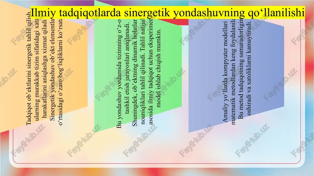 ab tizimlarning noaniqliklarini hisobga oladi va prognozlarni takomillashtiradi. tadqiqot jarayonida elementlar o‘rtasidagi o‘zaro bog‘liqliklar tizimli tarzda aniqlanadi. shuningdek, yondashuv yangi metodologik yechimlarni ishlab chiqishga xizmat qiladi. natijalar ilmiy tadqiqotning ishonchliligini oshiradi. sinergetika asosidagi tadqiqotlar kelajakda murakkab tizimlarni boshqarish va modellashtirishda muhim ahamiyat kasb etadi. yondashuv ijtimoiy, iqtisodiy, ekologik va texnologik sohalarda qo‘llanilishi mumkin. kelajakda sinergetik metodlar yordamida tizimlararo aloqalarni aniqlash va innovatsion yechimlar ishlab chiqish kengayadi. tadqiqotlar yangi nazariy va amaliy bilimlarni shakllantiradi. murakkab tizimlarning xatti-harakatlarini oldindan prognoz qilish imkoniyati oshadi. sinergetik yondashuv ilmiy izlanishlarda samarali strategiyalar yaratishga yordam beradi. bu yo‘nalish kelajakdagi innovatsion tadqiqotlar uchun poydevor hisoblanadi. xulosa ilmiy tadqiqotlarda sinergetik yondashuv murakkab tizimlarni o‘zaro bog‘liqlik va o‘z-o‘zini tashkil etish nuqtai nazaridan o‘rganishga imkon beradi. sinergetik metodlar yordamida tizim elementlari o‘rtasidagi munosabatlar aniqlanadi va ularning xatti-harakatlari oldindan prognoz qilinadi. bu yondashuv modellash, tajriba va tahlil jarayonlarini birlashtirib, ilmiy natijalarni yanada ishonchli qiladi. tadqiqot ob’ektlarini sinergetik tahlil qilish murakkab jarayonlarni …