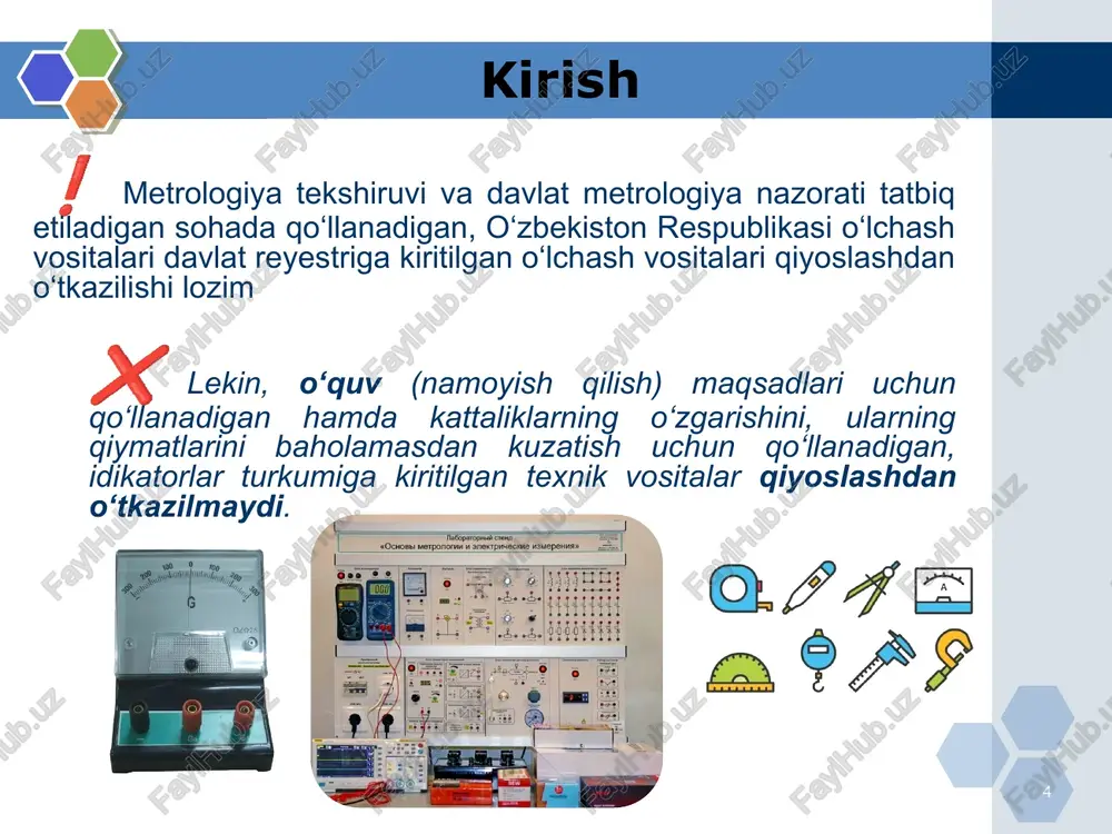 muhofaza qilish, energetika va sanoat xavfsizligi kabi strategik sohalarda ishlatiladigan o‘lchash vositalarining ishonchliligini ta’minlaydi; iste’molchilarning manfaatlarini himoya qiladi va iqtisodiy hisob-kitoblarning to‘g‘riligiga kafolat beradi; davlat metrologiya nazorati tizimining izchil ishlashini qo‘llab-quvvatlaydi. shuningdek, zamonaviy axborot texnologiyalaridan foydalangan holda, masalan, “e-metrologiya” axborot dasturi orqali qiyoslash ishlarini raqamlashtirish, tizim samaradorligini oshirish va inson omiliga bog‘liq xatoliklarni kamaytirish imkonini beradi. xulosa qilib aytganda, o‘lchash vositalarini qiyoslash texnik taraqqiyot va xavfsizlikka xizmat qiluvchi, iqtisodiy hamda ijtimoiy sohalar uchun zarur bo‘lgan muhim metrologik jarayondi e’tiboringiz uchun raxmat! logo image1.jpeg image2.jpeg image3.jpeg image4.png image5.png image6.jpeg image7.jpeg image8.png image9.png image10.jpeg image11.jpeg image12.jpeg image13.jpeg image14.jpeg image15.jpeg /docprops/thumbnail.jpeg