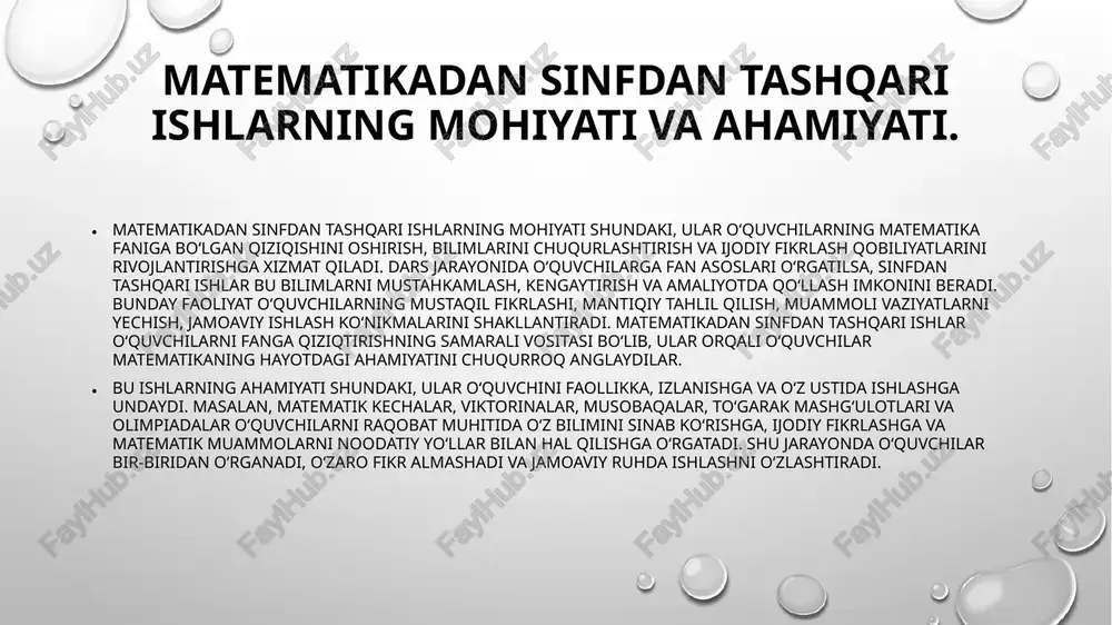 rli o‘quvchilar o‘rtasida matematika bo‘yicha bilim va ko‘nikmalarni aniqlovchi musobaqa shakli. metodik yondashuv ta’lim va tarbiya jarayonini ilmiy asosda tashkil etish uslubi yoki strategiyasi. ijodiy o‘yin matematik tafakkur va mantiqiy fikrlashni rivojlantirishga qaratilgan interfaol o‘yin shaklidagi mashg‘ulot. e’tiboringiz uchun rahmat image2.png image3.png image1.png /docprops/thumbnail.jpeg
