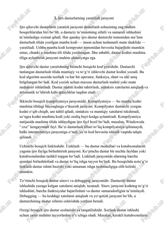 arini sozlash kiradi. so‘ng dastur foydalanuvchilarga tarqatiladi, o‘rnatiladi va kundalik ishda qo‘llaniladi. xulosa qilib aytganda, ijro qiluvchi dasturlarni yaratish jarayoni kod yozishdan tortib, dastur ishga tayyor holatga kelguncha bo‘lgan murakkab va muhim bosqichlarni o‘z ichiga oladi. har bir bosqich to‘g‘ri bajarilishi dastur sifatini, ishonchliligini va samaradorligini ta’minlaydi. shu bois dasturchilar ushbu jarayonlarni chuqur o‘rganib, har bir bosqichda e’tiborli bo‘lishlari zarur. 3. ijro dasturlarning ishlash mexanizmi ijro qiluvchi dasturlarning ishlash mexanizmi kompyuterning operatsion tizimi va apparat qismiga bog‘liq murakkab jarayonlardan iborat bo‘lib, ular foydalanuvchi buyruqlarini samarali bajarish uchun o‘zaro uyg‘unlikda harakat qiladi. har bir ijro dastur operatsion tizim tomonidan boshqariladigan alohida jarayon sifatida ishga tushiriladi va unga tizim resurslari — protsessor va xotira kabi imkoniyatlar ajratiladi. shu tarzda kompyuter bir vaqtda bir nechta dasturlarni parallel ravishda bajarish imkoniyatiga ega bo‘ladi. ijro dastur ishga tushirilganda, uning kodlari operativ xotiraga yuklanadi va protsessor tomonidan bajarilishi uchun tayyorlanadi. protsessor koddagi mashina buyruqlarini ketma-ket bajaradi, …
