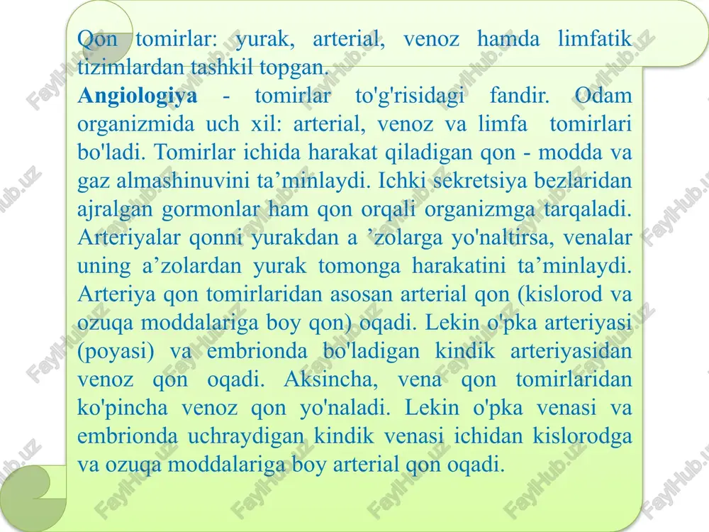 ilan birga yo‘naladi va alohida parda-fassiya bilan o'ralib, qon tomirlar nerv tutamini hosil qiladi. qon tomirlarning devori uch qavatdan. birinchi - tashqi qavat elastik biriktiruvchi to'qima, o'rta qavati qolgan boshqa qavatlariga qaraganda bir oz qalin bo'lib, aylanasiga joylashgan silliq muskullardan tuzilgan. qon tomirlar devorining uchinchi yoki ichki qavati ham tashqi qavatiga o'xshagan elastik biriktiruvchi to'qimadan iborat bo'lib. endoteliy bilan qoplangan. vena qon tomirlar devori tuzilishi jihatidan arteriya qon tomirlar devoriga o‘xshagan bo'lsa-da, undan o'zining yupqaligi va endoteliydan hosil bo’lgan yarim oysimon klapanlari borligi bilan farq qiladi. o'ng bo'lmacha yurakning o'ng bo'lmachasida (devorining qalinligi 2—3mm) kubsimon bo'shliq bo'lib, chap bo'lmachadan bo'lmacha to'sig'i bilan ajralib turadi. o'ng bo'lmacha bo'shlig'ining hajmi uning oldida joylashgan uchburchak shaklidagi o'ng qulog‘i bo'shlig'i bilan ancha kattalashadi. bo'lmachaning ichki sirti asosan, silliq bo'lib, quloq qismida muskul tutamlari birxil joylashgan taroqsimon muskullarni hosil qiladi. o'ng bo'lmachaga yuqori va pastki kovak venalar quyiladi. ana shu ikkala kovak vena quyiladigan teshiklar …