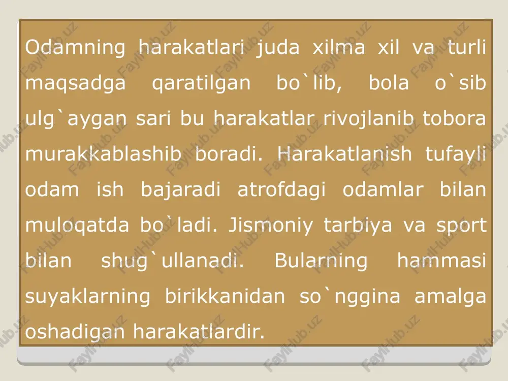 tez tarqalishiga olib keladi. suyak usti pardasi yosh bolalarda qalin bo`lib, ichki qavati yaxshi taraqqiy etgan. suyak iligi esa naysimon suyaklar bo`shlig`ini to`latib turadi. harakatchan birlashmalar bo`g`imlarni hosil qiladi. bo`g`im deb ikki suyak bir-biri bilan o`zaro yaqinlashmasdan oraliq hosil qilishiga aytiladi. bo`g`im hosil qilib birikuvchi ikkita suyakdan birining uchi qavariq silliq ikkinchisining uchi esa botiqroq bo`ladi. bo`g`im yuzalari mos tushishi kerak. bo`g`im oralig`i bo`lishi kerak. bo`g`im yuzalari ma`lum qalinlikda tog`ay bilan qoplanishi kerak. bo`g`im uch qismdan: bo`g`im haltachasi, suyaklarning birikish yuzasi va bo`g`im bo`shlig`idan iborat. bo`g`im xaltachasi 2 qavat: tashqi (pishiq fibroz), ichki silliq yumshoq pardalardan tashkil topgan. ichki sinovial qavatining pardasidan moysimon sinovial suyuqlik-bo`g`im moyi ishlab chiqariladi. bu suyuqlik suyaklarning bo`g`im yuzasini moylab, ular harakatini qulaylashtiradi. bo`g`im tashqi tomondan paylar bilan o`ralib, uning mustahkamligini taminlaydi. suyaklar nimalar vositasida va qanday birlashishiga ko`ra quyidagi 3 ta gruppaga bo`linadi. 1. uzluksiz (harakatsiz) birlashmalar. 2. harakatchan birlashmalar. 3. yarim harakatchan birlashmalar. suyaklarning …