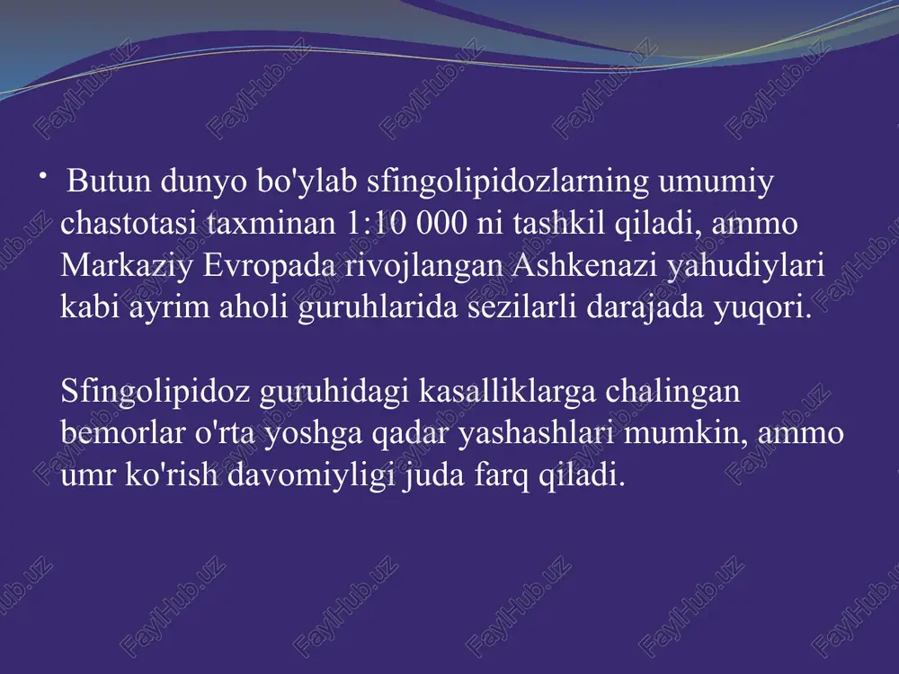 ida namoyon bo'lishi mumkin. oxirgi ikki ko'rinish ko'pincha hushidan ketish yoki to'satdan o'limga olib keladi. batten-mayo kasalligi (o'smirlik davrida o'zini namoyon qiladigan kasalliklardan biri) batten kasalligining dastlabki belgilari chalkash va tanib olish oson emas. alomatlar: ko'rishning buzilishi ko'pincha to'liq ko'rlikka o'tadi. kognitiv funktsiyalarning pasayishi (xotiraning buzilishi, ishlash) shaxsiyat va xulq-atvordagi o'zgarishlar muloqot ko'nikmalarini yo'qotish nozik va qo'pol motorli ko'nikmalarni yo'qotish anormal tana harakatlari umumiy progressiv buzilish infantil shaklda yosh bilan bosh o'sishining sekinlashishi, pastki ekstremitalarda, oyoqlarda va oyoqlarda qon aylanishining yomonlashishi sovuq bo'ladi; semizlik, orqa miya egriligi, giperventiliya va/yoki nafasni ushlab turish, yutish va ovqatlanish bilan bog'liq muammolar, tishlarni silliqlash va ich qotishi. diagnostika klinik, laboratoriya va instrumental tadqiqotlarga asoslangan kasallikni aniqlashning turli usullari mavjud. bemorni tekshirishning birinchi darajasi bemorning tashqi ko'rinishini (fenotipini) aniqlashdir. lbn jigar, taloq, qorin va boshqa organlarning kengayishi bilan tavsiflanadi. keyin ichki organlar darajasida tekshiruv o'tkaziladi (ultratovush tekshiruvlari, miyaning mri, ponksiyonlar va boshqalar). qon namunalarida laboratoriya …