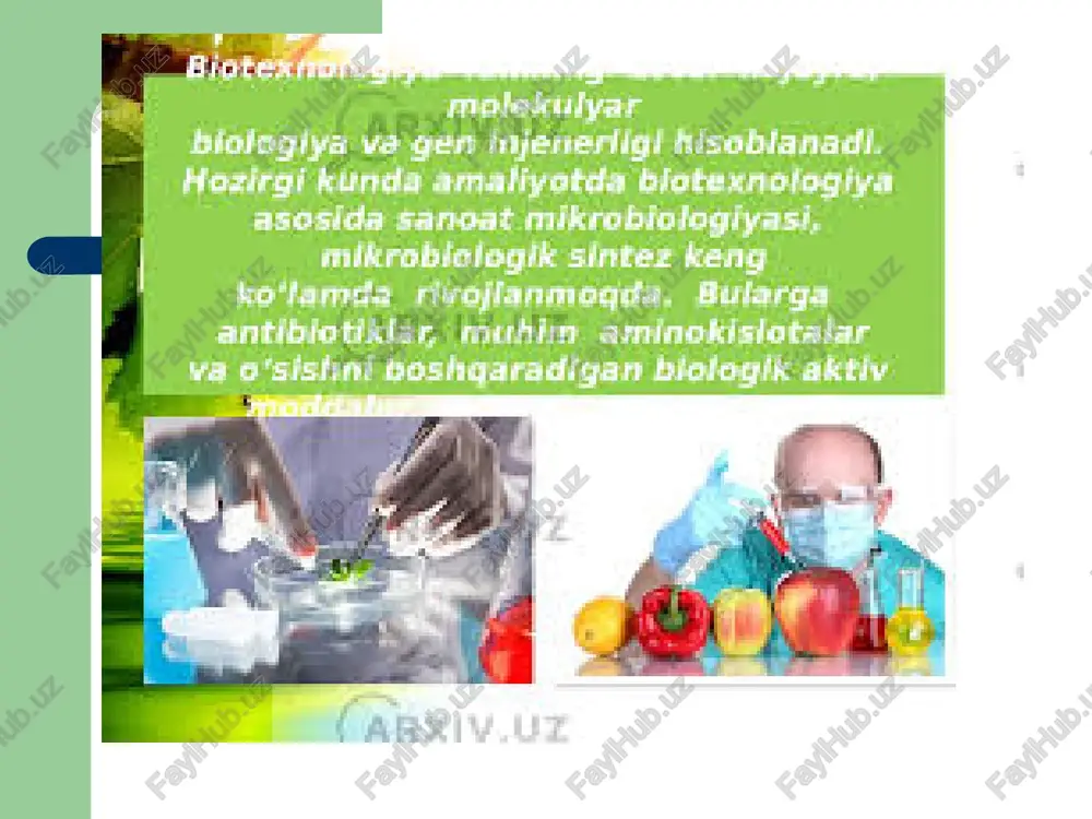 q-ovqat, sanoat, sog’liqni saqlash, qishloq xo’jaligida hayotiy jarayonlarni tezlashtirishga qaratilgan sistemalar yig’indisidan iborat. jahonda yirik biotexnologik markazlar aksh da : genenteeh, cetus,biogen, limunogen. yaponiyada: suntory, asahi chemicol, industry, bidec; germaniyada: boehringer mann heim, linvitron fransiyada: biofrance, paribos carteks va boshqalar. uzbekistonda birinchi marta a.i.nuriddinov 1989 yilda, keyinchalik farmasevtika institutida tashkil qilingan. xozirda genetik ilmiy tadqiqot institutida va sam qxi da tashkil etilgan. genetik injeneriya - molekulyar genetika sohasi; genlarning tabiatda uchramaydigan yangi birikmalarini genetik va biokimyoviy usullar yordamida maqsadga muvofiq holda vujudga keltirish bilan shugʻullanadi. muayyan organizm hujayrasidan ajratib olingan gen yoki genlar guruhini nuklein kislotaning maʼlum molekulalari bilan biriktirib, hosil boʻlgan duragayni boshqa organizm hujayrasiga kiritishga asoslangan. viruslar va boshqa har qanday tirik mavjudot hujayralarining irsiy programmasini maqsadga muvofiq modellashtirish, yangi shtamm virus va mikroorganizmlar, oʻsimlik, hayvon hujayralarining yangi xillarini, oʻsimlik navlari va hayvon zotlarining qishloq xo’jalik uchun zarur shakllarini yaratish va gen injeneriyaning vazifasidir. aqsh olimi p. berg …