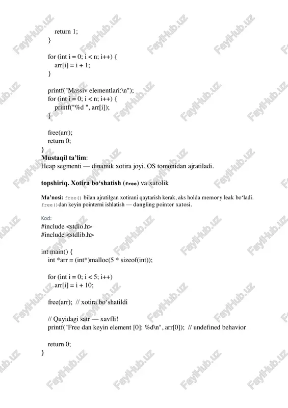 "oqim 1 ishini tugatdi\n"); pthread_mutex_unlock(&lock2); pthread_mutex_unlock(&lock1); return null; } void* thread_func2(void* arg) { pthread_mutex_lock(&lock2); sleep(1); pthread_mutex_lock(&lock1); printf("oqim 2 ishini tugatdi\n"); pthread_mutex_unlock(&lock1); pthread_mutex_unlock(&lock2); return null; } int main() { pthread_t t1, t2; pthread_mutex_init(&lock1, null); pthread_mutex_init(&lock2, null); pthread_create(&t1, null, thread_func1, null); pthread_create(&t2, null, thread_func2, null); pthread_join(t1, null); pthread_join(t2, null); pthread_mutex_destroy(&lock1); pthread_mutex_destroy(&lock2); return 0; } mustaqil ta’lim: bu misolda deadlock holati yuz beradi: har bir oqim bittadan resursni qulflab, ikkinchi resursni kutadi. hech biri bo‘shamaydi — dastur “osilib” qoladi. os darajasida bunday vaziyatlar deadlock detection/prevention mexanizmlari bilan oldi olinadi. buni bartaraf etish uchun har doim resurslarni bir xil tartibda qulflash kerak. 5-topshiriq. stress-test #include #include #define thread_count 10 #define loop_count 100000 long long counter = 0; pthread_mutex_t lock; void* increment(void* arg) { for (int i = 0; i < loop_count; i++) { pthread_mutex_lock(&lock); counter++; pthread_mutex_unlock(&lock); } return null; } int main() { pthread_t threads[thread_count]; pthread_mutex_init(&lock, null); for (int i = 0; i < …