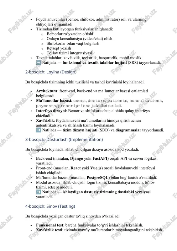 konsultatsiyalarni video yoki chat orqali amalga oshirishlari mumkin. · m (measurable / o‘lchanadigan): 2 oy ichida 200+ bemor va 20+ shifokor tizimdan foydalana oladi. · a (achievable / erishish mumkin): klinikada mavjud kompyuter, internet va dasturiy vositalar asosida amalga oshiriladi. · r (relevant / tegishli): konsultatsiya vaqtini tejash va shifokor-bemor xizmat sifatini oshirish. · t (time-bound / vaqt bilan cheklangan): 2025-yil noyabr oyiga ishga tushirish. 3-qadam: jadval ko‘rinishi smart mezoni maqsad ifodasi specific onlayn video va chat konsultatsiya tizimi yaratish measurable 2 oyda 200+ bemor va 20+ shifokor foydalansa achievable klinikadagi mavjud it resurslar asosida relevant konsultatsiya vaqtini tejash va xizmat sifatini oshirish time-bound 2025-yil noyabr 4-qadam: diagramma (maqsadlar daraxti) image1.png