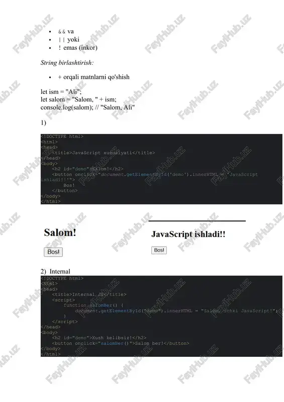 lar: let a = 5; console.log(++a); // 6 (birinchi oshirib, so'ng chop etadi) console.log(a++); // 6 (oldin chop etadi, so'ng oshiradi) console.log(--a); // 6 console.log(a--); // 6 console.log(typeof a); // "number" 3. bitlar bilan ishlovchi operatorlar (bitwise) operator ma'nosi misol natija (binary) & bitwise and 5 & 3 0001 = 1 ` ` bitwise or `5 ^ bitwise xor (faqat bittasi 1) 5 ^ 3 0110 = 6 ~ bitwise not (teskari) ~5 ...1010 = -6 > belgili o‘ng siljitish 5 >> 1 0010 = 2 >>> belgisiz o‘ng siljitish -5 >>> 1 2147483645 misollar: let a = 5; // 0101 let b = 3; // 0011 console.log(a & b); // 1 console.log(a | b); // 7 console.log(a ^ b); // 6 console.log(~a); // -6 console.log(a > 1); // 2 4. siljuvchi operatorlar (shift) operator ma'nosi misol natija > o‘ngga siljitish 8 >> 1 4 >>> belgisiz o‘ngga siljitish -8 …