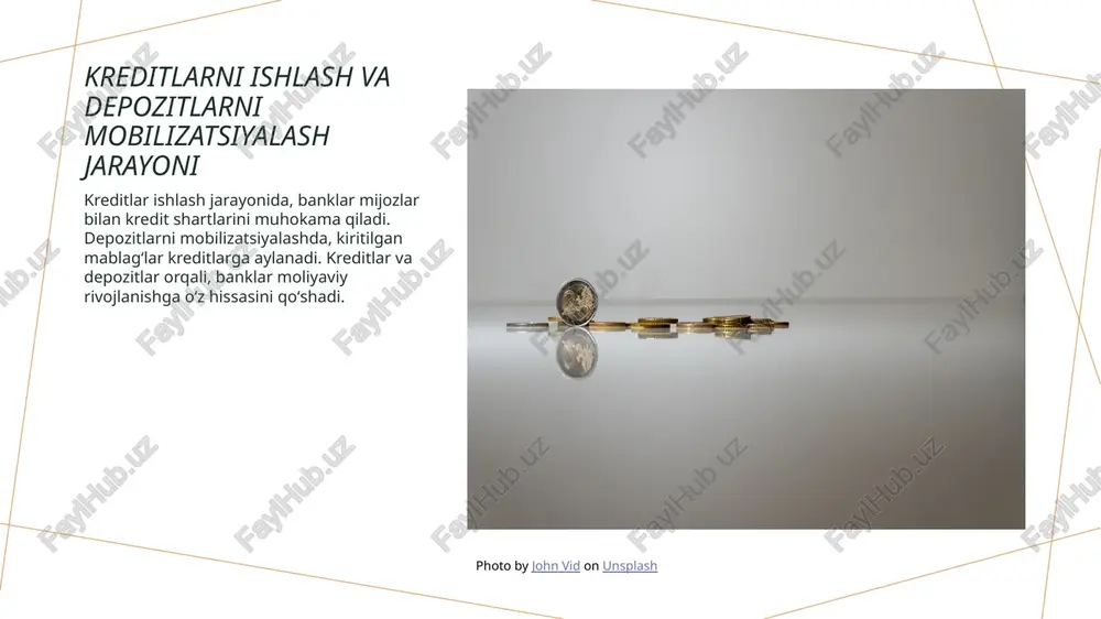 liya sohasidagi innovatsiyalar va rivojlanishga ega. elektron moliya tizimlari, onlayn xizmatlar banklar uchun yangi imkoniyatlar yaratadi. xalqaro hamkorlik xalqaro moliya tizimi va o'zbekiston bank sohasi o'rtasidagi aloqalar o'sadi. xalqaro moliyaviy institutlar bilan hamkorlik moliyaviy rivojlanishni kuchaytiradi. e'tiboringiz uchun rahmat! image1.jpg image2.jpg image3.jpg /docprops/thumbnail.jpeg
