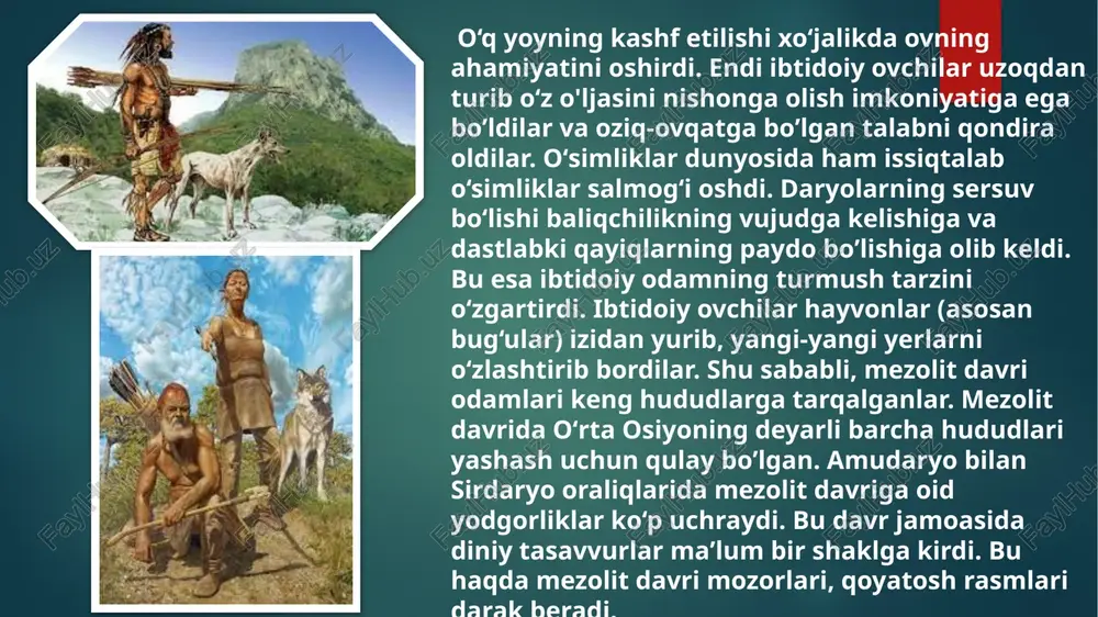 ar o‘rmon va yaylovlarda mevalar, yong‘oqlar, ildizlar va boshqa o‘simlik mahsulotlarini to‘pladilar. bu oziq-ovqat manbalarining xilma-xilligini ta’minlab, turli mavsumlarda hayotni osonlashtirdi. bunday xilma-xil oziqlanish sog‘liqni mustahkamlashga va aholi sonining o‘sishiga sabab bo‘ldi. mezolit davrining moddiy madaniyatiga kelsak, u o‘zining o‘ziga xosliklari bilan ajralib turadi. asbob-uskunalar kichikroq va aniqroq bo‘lib, bu esa odamlarning qo‘l mehnatini tejash va ovchilik jarayonini soddalashtirishga xizmat qilgan. to‘g‘ri, asboblar asosan toshdan yasalgan, ammo yog‘och va suyakka ishlov berish texnikalari ham rivojlandi. masalan, kamon tayyorlashda yog‘ochdan, o‘q uchlarini esa tosh yoki suyakdan yasash keng tarqaldi. uy-joy qurilishi esa ko‘chmanchilik hayot tarziga moslab vaqtinchalik boshpanalar ko‘rinishida edi. bu boshpanalar ko‘pincha yog‘och ustunlar va terilar bilan qoplangan bo‘lib, ularni tez yig‘ish va buzish imkonini berardi. shu bilan birga, ba’zi hududlarda qisman mahalliylashtirish boshlanib, odamlar o‘sha joylarda ko‘proq vaqt sarflashga harakat qildilar. bu esa ijtimoiy va iqtisodiy tuzilmaning yanada murakkablashishiga sabab bo‘ldi. san’at va ma’naviyat sohasida ham mezolit davri odamlarining …