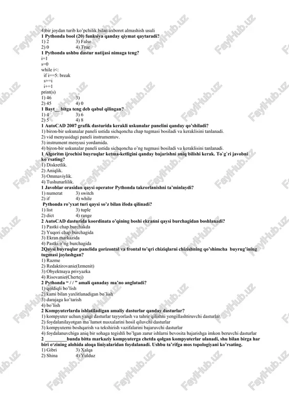 3) ttp 2) html 4) www autocad dasturida aylanaga o’lcham qo’yishda…tanlanadi? 1) razmer uskunalar paneli “uglovoy” bandi tanlanad 2) razmer uskunalar paneli “radius” bandi tanlanadi 3) razmer uskunalar paneli “lineyniy” bandi tanlanadi 4) razmer uskunalar paneli “diametr” bandi tanlanadi “sayt” deganda nimani tushunasiz 1) internetda informasiya adresini soha yoki geografik shartli belgisi 2) internetdagi biror adresga ega bo’lgan sahifa 3) joylarda internet aloqasini tashkil etuvchi 4) internet tarmog’ida biror mavzuga bog’langan informasiya to’plami web- sahifa bu nima? 1) web-internet tarmog’ida joylashgan brouzer 2) web-portalda joylashgan fayllar to’plami 3) web-server komp yuterda joylashgan fayllar to’plami 4) web-internet tarmog’ida joylashgan fayllar to’plami . pythonda “yoki” mantiqiy amalni qaysi so’z bilan ifoda qilinadi? 1) i 3) not 2) and 4) or 1 pythonda ma’lumotni butun son tipiga o’zgartirish tug’ri ko’rsatilag javobni aniqalang. 1) bool(ma’lumot 2) float(ma’lumot) 3) str(ma’lumot) 4) int( ) 1mathcad da qurollar paneli orqali grek xarflari qanday kiritiladi? 1) math / …