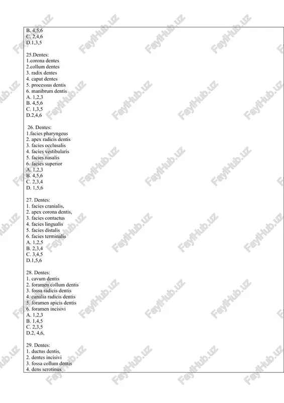 4,6 d.1,3,5 36. lingua: 1. m.omohyoideus, 2. m.styloglossus 3. m.longitudinalis anterior 4. m.longitudinalis inferior 5. m.vocalis 6. m.longitudinalis superior a. 1,2,3 b. 4,5,6 c. 2,4,6 d. 1,3,5 37. lingua: 1. m.digastricus 2. m.stylohyoideus 3. m.transversus linguae 4. m.verticalis linguae 5. m.genioglossus 6. m.longitudinalis anterior a. 1,2,3 b. 3,4,5 c. 1,4,6 d. 2,5,6 38.fauces: 1. isthmus 2. fornix 3. pars oralis 4. velum palatinum 5. uvula palatina 6. velum tonsilla a. 1,2,3 b. 1,4,5 c. 2,6,5 d. 3,4,6 39. fauces: 1. pars laryngea 2. arcus palatoglossus 3. pars nasalis 4. arcus palatopharyngeus 5. tonsilla palatina 6. tonsilla ascendens a. 1,4,5 b. 2,3,6 c. 2,4,5 d. 1,3,6 40.palatum molle: 1. m.levator veli palatini 2. m.tensor veli palatini 3. m.uvulae 4. m.stilopharyngeus 5. m.genioglossus 6. m.ascendens palatini a. 1,2,3 b. 2,4,6 c.1,3,5 d. 4,5,6 41.aqil tishi qanday ataladi’? a.dens dicidui b.dens serotinus c.dens solivatoius d.dens solaris 42.til egatlarin ko’rsating? a. sulcus medialis, sulcus …