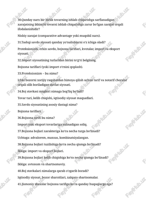 etgan mamlakatlar olib borayotgan tarif siyosati nimalarga salbiy ta’sir ko‘rsatadi? rivojlanayotgan mamlakatlar eksportiga. 45.hozirgi vaqtda tariflarni qo‘llash borasida muammolarning vujudga kelish sababi nimada? global savdo kelishmovchiliklari va proteksionistik choralar. 46.davlat xaridi bu nima? davlat tomonidan tovar va xizmatlar sotib olinishi. 47.erkin savdo zonasi nima? bojxona to'siqlari olib tashlangan mintaqaviy savdo hududi. 48.iqtisodiy integratsiyaga kirishayotgan mamlakatlar qanday afzalliklarga ega bo‘ladi? savdo erkinligi, investitsiyalar o'sishi, iqtisodiy barqarorlik. 49.g‘arbiy yevropa integratsiyasi obyektiv iqtisodiy jarayonlar kimlar tomonidan ilgari surilgan yagona yevropa g‘oyalari bilan sug‘orilgan edi? jan monne, robert shuman. 50.1951 yilda qaysi davlatlar tomonidan yevropa ko‘mir va po‘lat birlashmasi (yekpb) to‘g‘risidagi parij shartnomasi imzolandi? belgiya, fransiya, germaniya, italiya, lyuksemburg, niderlandiya. 51.“umumiy bozor” deb ataladigan yeihni tashkil etishning maqsadlari noto‘g‘ri berilgan javobni aniqlang. harbiylashtirish (yeih maqsadi emas). 52.maastriks shartnomasi asosida 1994 yil 1 yanvardan boshlab yeih a’zolari soni nechtaga yetdi? 12 ta. 53.benilyuks qanday ittifoq? belgiya, niderlandiya va lyuksemburg iqtisodiy ittifoqi. 54.meesa qanday uyushma? janubiy …