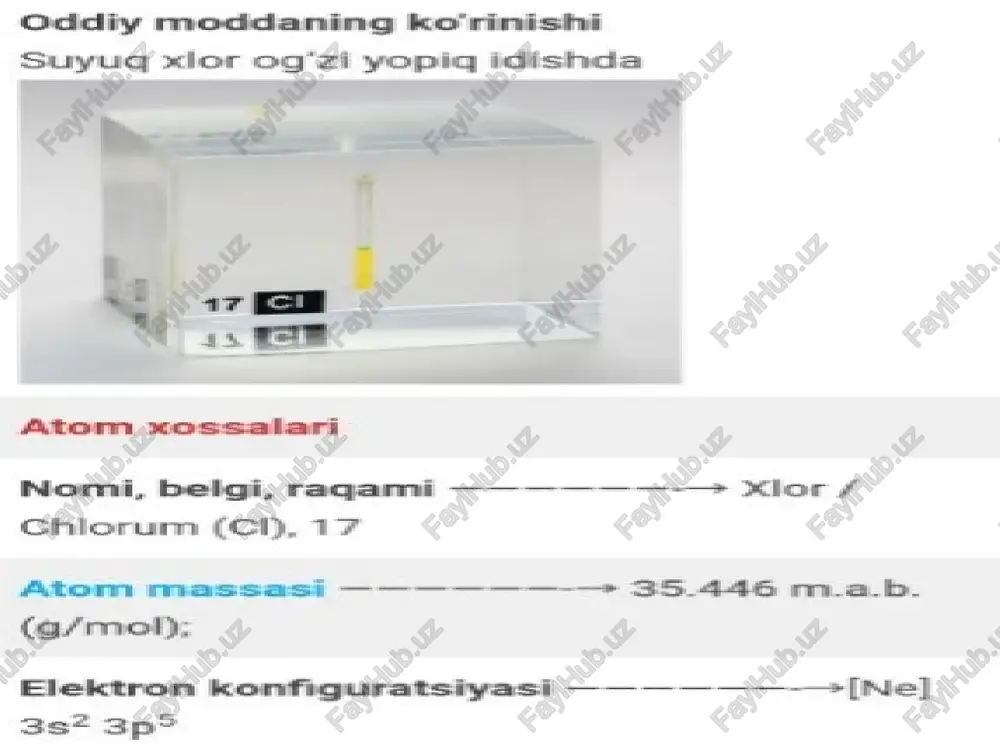 3f2 → 2clf3" xlor olish usullari. sanoat usullari dastlab, xlor ishlab chiqarishning sanoat usuli sheel usuliga, ya’ni pirolusitning xlorid kislotasi bilan reaktsiyasiga asoslangan edi: mno2 + 4hcl → mncl2 + cl2↑ + 2h2o 1867-yilda dikon havo kislorodi bilan vodorod xlorini katalitik oksidlanish orqali xlorni olish usulini ishlab chiqdi. dikon jarayoni hozirgi vaqtda organik birikmalarning sanoatda xlorlanishning yon mahsulot bo’lgan vodorod xloridan xlorni qaytarish uchun ishlatiladi: 4hcl + o2 → 2h2o + 2cl2 bugungi kunda sanoat miqyosida xlor – natriy gidroksidi va vodorod bilan birgalikda osh tuzining eritmasini elektrolizlash yo’li bilan olinadi: 2nacl + 2h2o → h2↑ + cl2↑ + 2naoh anod: 2cl– — 2e– → cl20↑ katod: 2h2o + 2e– → h2↑ + 2oh–" laboratoriya usullari xlor laboratoriyalarda olish uchun odatda kuchli oksidlovchi moddalar (masalan, marganets oksidi (iv), kaliy permanganat, kaliy dichromat bilan vodorod xlorining oksidlanishiga asoslangan jarayonlar qo’llaniladi): 2kmno4 + 16hcl → 2kcl + 2mncl2 + 5cl2↑ +8h2o k2cr2o7 …