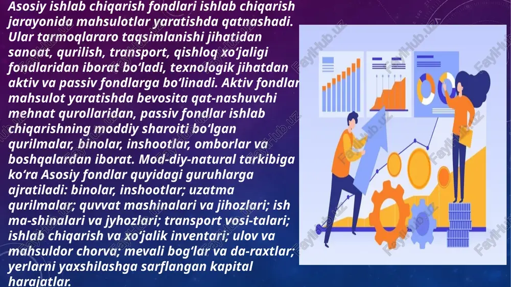 itsientlarining ko'paytmasi orqali aniqlanib, uning vaqt va quvvat bo'yicha band bo'lishini (foydalanilishini) kompleks xarakterlaydi. k,teg,= keks xkint = 0,71 x0,8 = 0,57 korxonaning asosiy ishlab chiqarish fondlaridan foydalanishning umumiy va qiymat ko'rsatkichlari nuqtai nazaridan kelib chiqqan holda, avvalo fond qaytimi haqida to'xtalib o'tish kerak. u asosiy fondlar birligiga (qiymati bo'yicha) to'g'ri kelgan mahsulot ishlab chiqarishni xarakterlaydi. u mahsulot sotishdan tushgan bir yillik tushumning (v) asosiy ishlab chiqarish fondlarining o'rtacha yillik qiymatiga nisbati sifatida aniqlanadi: f = v k t-g f s mahsulotning fond sig'imi - fond qaytimiga teskari qiymat bo'lib, quyidagi formula asosida aniqlanadi: f f = —r s v fond sig'imi kapital qo'yilmalari (investitsiyalar)ni tejash yoki ko'paytirish bilan uzviy ravishda bog'liq bo'ladi. ishlab chiqarish mohiyati va hisoblash usullari asosiy ishlab chiqarish fondlari hajmi va ulardan foydalanish darajasi korxonaning ishlab chiqarish quvvati kattaligini belgilaydi. u ishlab chiqarish dasturini asoslashda katta rol' o'ynaydi hamda korxonaning belgilangan nomenk­latura va sifatli mahsulot ishlab …