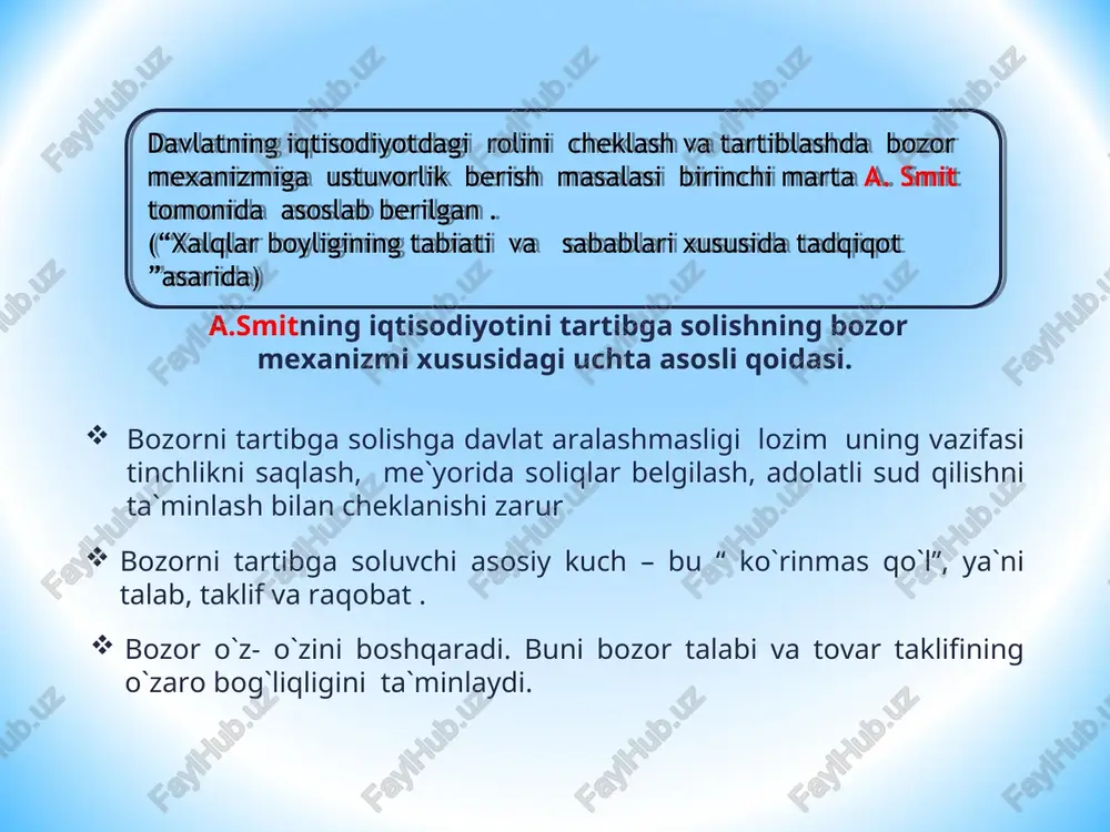 davlat moliyaviy majburiyatlarini chiqarish, ularni sotish va sotib olish). davlat budjeti daromadlari va xarajatlar qismini o`zgartirish . soliq turlari, stavkalarini va soliq imtiyozlarini belgilash. davlat kreditlari, subsidiyalari va moliyaviy kafolatlarini amalga oshiradi. jadallashgan amortizatsiya ajratmalarini rag`batlantirish . davlat mablag`lari hisobiga investisiyalar qo`yish. o`rta muddatli, favqulodli va maqsadli davlat iqtisodiy dasturlarini ishlab chiqish va amalga oshirish. tovarlar, xizmatlar, kapital va fan- texnika yutuqlari eksportini rag`batlantirish. eksportni davlat mablag`lag`lari hisobiga kreditlash. chet el investisiyalari va eksport kreditlarini kafolatlash. tashqi savdoga cheklashlar ( ta`rifli va ta`rifsiz) kiritish yoki ularni bekor qilish. tashqi savdoga boj to`lovlarini o`zgartirish. davlatning xalqaro iqtisodiy va moliyaviy tashkilotlarda qatnashishi. davlatning iqtisodiyotga ta`sir qilish vosita ( dastak) lari: qonunlar va boshqa huquqiy bitimlar qarorlar, farmoyishlar va boshqa me`yoriy xujjatlar bank majburiy ehtiyotlari normasi hisob (qayta moliyalashtirish) stavkasi valuta kurslari foiz stavkasi soliqlar subsidiya va dotasiyalar davlat investisiyalari boshqa davlat xarajatlari ish haqining minimal darajasi pensiya va ishsizlik nafaqasi boj to`lovlari …