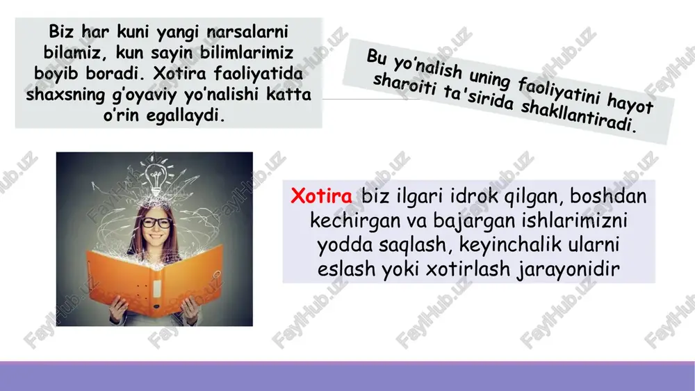 dan biridir. unutish batamom va qisman unutish kabi ikki turga bo‘linadi. unutishning bir qancha sabablari mavjud. birinchidan, unutish esda olib qolingan ma’lumotlarning amalda tatbiq qilinishi yoki qilinmasligiga bog‘liqdir. ikkinchidan, unutish esda olib qolingan ma’lumotga nisbatan qiziqishning naqadar barqarorligiga bog‘liqdir. xotira jarayonlaridagi individual farqlar esda qoldirishning tezligida, aniqligida, mustahkamligida va qayta esga tushirishga tayyorligida ifodalanadi. bu farqlar malum darajada nerv faoliyati tiplarining xususiyatlari bilan, qo’zg’alish va tormozlanish jarayonlarining kuchi va harakatchanligi bilan bog’liqdir. individual farqlar yana shunday hollarda namoyon bo’ladiki, ba'zi odamlar obrazli materiallarni, rang, tasvir, narsa, tovushlarni samarali va mustahkam esda olib qoladilar. xotiraning individual farqlari kishi faoliyatining xususiyatiga bog’liqdir esda olib qolish va unutish tezligiga ko’ra xotiraning quyidagi tiplari mavjud: 1) tez esda qoldirib, sekin unutish; 2) sekin esda qoldirib, sekin unutish; 3) tez esda qoldirib, tez unutish; 4) sekin esda qoldirib, tez unutish. odam o’z hayoti davomida ilgari idrok qilgan narsa va hodisalarni tasavvur etibgina qolmay, balki hech …