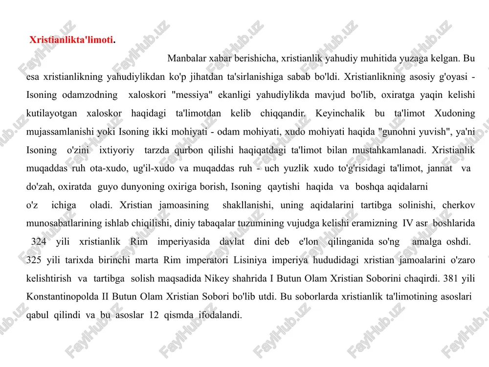 i yashiringan. avgustinning taqdir haqidagi ta'limotida aytilishicha, xudoga imon keltirgan har bir kishi najot topganlar safidan o'rin egallashi mumkin. chunki imon taqdir taqozosidir. xristianlikdagi oqimlar. xristian cherkovining katolik va pravoslav cherkovlariga ajralib ketishi rim papasi va istanbul patriarxining xristian olamida yetakchilik uchun olib borgan raqobati oqibatida vujudga keldi. ajralish jarayoni rim imperiyasining g'arbiy va sharqiy tafovutlari o'sib chuqurlashib borayotgan asrlardayoq boshlangan edi. 867 yillar orasida papa nikolay va istanbul patriarxi fetiy orasida uzil-kesil ajralish ruy berdi va bu ajralish 1054 yili rasman tan olindi. xvi asr boshlarida katolisizmdan bir necha yevropa cherkovlari ajralib chiqishi natijasida xristianlikda protestantlik harakatlari vujudga keldi. buning doirasida lyuterantlik, baptizm, anglikanlik va kalvinizm cherkovlari shakllandi. bular bir cherkovning asosiy marosimlari jihatidan o'zlariga xos bo'lgan tomonlarga ega bo'lish bilan bir qatorda, bular ham o'z navbatida bir necha yo'nalishlar,mazhablar va oqimlarga bo'lindi. pravoslav oqimi. pravoslav oqimi xristianlikning uch asosiy yo'nalishidan biri o'laroq, tarixan uning sharqiy shahobchasi sifatida ruyobga …