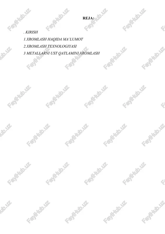 ksidi qora rangli kukun, mayda tuyilgan kukuni havoda alangalanish xususiyatiga ega. havoda 1000c qizdirilganida xrom (iii) oksidiga aylanadi. cro+2hcl→crcl2+h2o; 4cro+o2→2cr2o3 sr(oh)2 – xrom (ii) gidrooksidi. asos xossasiga ega boʻlgan kuchli qaytaruvchi. qattiq qizdirilganida cr2o3 ga aylanadi. u barcha birikmalarda beqaror boʻlganligi sababli, tezda xrom (iii) birikmalarini hosil qiladi. crcl2+naoh→cr(oh)2+2nacl; 4cr(oh)2+o2+2h2o→4cr(oh)3 xrom (ii) gidrooksidiga xlorid kislota ta’sir ettirilsa koʻk-och havo rangli sulfat kislota ta’sir ettirilsa, toʻq havo rangli birikma hosil boʻladi. cr2o3 – xrom (iii) oksidi uch valentli xrom oksidi barqaror, qiyin suyuqlanadigan yashil rangli kukun, qattiqligi jihatidan korundga yaqin, shuning uchun u jilvirlovchi vositalar qatoriga kiradi. laboratoriyada ammoniy dixromatni qizdirish orqali olinadi. (nh4)2cr2o7→cr2o3+n2+4h2o. cr2o3 – amfoter xususiyatli, ishqorlar bilan reaksiyaga kirishadi. cr2o3+2naoh→2nacro2+h2o. u yashil boʻyoqlar tayyorlashda ishlatiladi. shisha va chinni buyumlarni yashil rangga boʻyashda ishlatiladi. cr(oh)3 – xrom (iii) gidrooksidi – amfoter xossali, kulrang-yashil tusli iviqsimon choʻkma, suvda oz eriydi. ishqor, kislotalar bilan reaksiyaga kirishadi. cr(oh)3+nacl→nacro2+2h2o; cr(oh)3+3naoh→na3cro3+3h2o. suvdagi eritmalarida xrom …