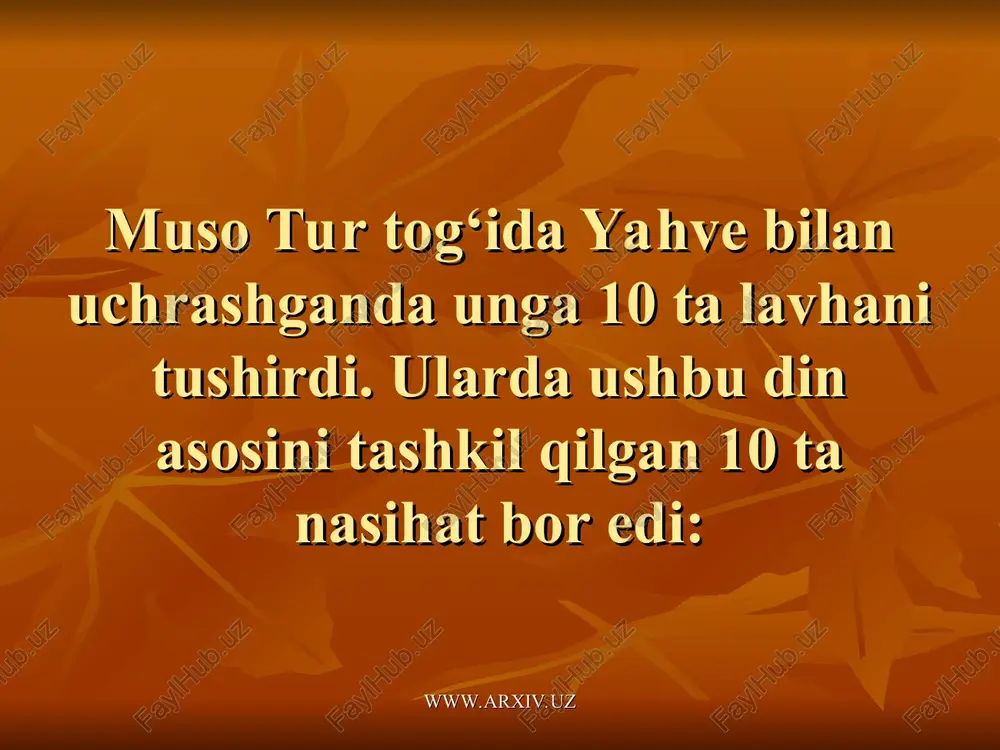 bir necha tur oziq-ovqatlar, asosan cho‘chqa, quyon, qo‘shoyoq, tuya, yaxlit tuyoqlilar, o‘laksaxo‘r qushlar kabi ba’zi hayvon go‘shtlarini eyish taqiqlanadi. yahudiylarning yillik bayramlari ichida eng e’tiborlisi peysax (pasxa) bayramidir. bu bayram xristianlarning pasxasidan farqli o‘laroq, yahudiylarning misrdagi qullikdan qutulib chiqqanlari munosabati bilan nishonlanadi. qadimiy yahudiylarda pasxa deb qo‘zichoq go‘shti va vinodan iborat kechki ovqatga aytilgan. xudo misrdagi yahudiy bo‘lmagan go‘daklarni qirib tashlashga qaror qilganda ular o‘z uylarining peshtoqini o‘sha qoni bilan bo‘yab o‘zlarini yahudiy ekanliklarini bildirganlar. www.arxiv.uz www.arxiv.uz yahudiylar pasxa bayramidan keyingi etti kun davomida tuzsiz, xamirturushsiz patir – masa eydilar. masani eyish bilan har bir yahudiy muso boshchiligidagi o‘z ota-bobolarining chekkan mashaqqatlarini his etadi. bu bayram yahudiylarning quyosh-oy kalendarining nison oyining 14 kuni (aprel oyining o‘rtalariga to‘g‘ri keladi) nishonlanadi. pasxadan keyingi 50-kuni yahudiylar shabuot (shevuot) bayramini nishonlaydilar. bu bayram dastlab dehqonchilik bayrami bo‘lgan, keyinchalik sinay tog‘ida musoga xudo tomonidan toraning berilishini nishonlab o‘tkaziladigan bayramga aylangan. u yahudiylarning kalendari bo‘yicha sivona …