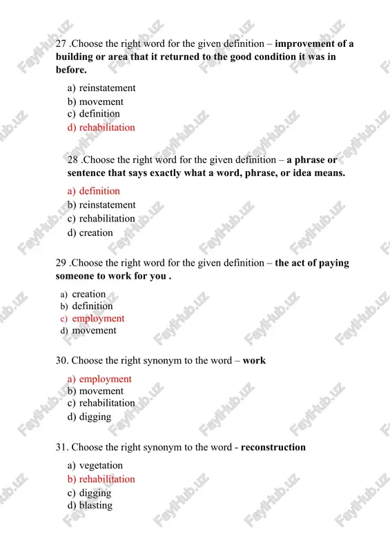 ow easy work. 43. fill in the gaps with an appropriate word - ______are the major channel of transportation for carrying goods and passengers 1. buses 1. carts 1. conveyance 1. roads 44. choose the right antonym to the word –“ flexible” 1. stable 1. weak 1. strong 1. reliable 45. choose the right word for the given definition – someone who is travelling in a vehicle , plane, train, boat , but is not driving it or working on it. 1. goods 1. freight 1. pedestrians 1. passengers 46. fill in the gaps with an appropriate words - ______ mix asphalt is often used on lower volume rural roads, where hot mix asphalt would cool too much on the long trip from the asphalt plant to the construction site. 1. warm 1. cold 1. hot 1. cool 47.fill in the gaps with an appropriate words - advantages of asphalt …