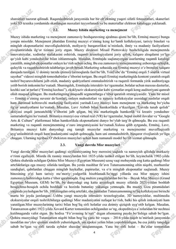 xosligini kuzatish mumkin. o‘zbekiston muzeylari nafaqat mamlakat ichidagi, balki xorijdagi sayyohlar uchun ham katta qiziqish uyg‘otadi. 1.4 olimpiya shon -shuhrat muzeyi o‘zbekistonning toshkent shahrida joylashgan olimpiya shon-shuhrati muzeyi mamlakatimiz sportining ko‘zgusi hisoblanadi. u o‘zbekiston respublikasi vazirlar mahkamasining 1996-yil 14-avgustdagi 284-sonli qarori bilan tashkil etilgan. muzeyning tantanali ochilish marosimi 1996-yil 1-sentabrda bo‘lib o‘tgan va unda o‘zbekiston respublikasining birinchi prezidenti islom karimov hamda xalqaro olimpiya qo‘mitasining o‘sha paytdagi prezidenti xuan antonio samaranch ishtirok etishgan muzey ikki qavatdan iborat bo‘lib, umumiy maydoni 2700 kvadrat metrni tashkil etadi. ekspozitsiya maydoni 1073 kvadrat metrni egallaydi. asosiy fondida 2260 ta eksponat, ilmiy yordamchi fondida esa 409 ta eksponat mavjud. muzeyning birinchi qavatida "shon-sharaf" zali joylashgan bo‘lib, unda o‘zbek sportchilarining mustaqillik yillarida nufuzli sport musobaqalarida, jumladan, olimpiya va paralimpiya, osiyo va paraosiyo o‘yinlarida qo‘lga kiritgan yutuqlari aks ettirilgan. ikkinchi qavatda esa xalqaro olimpiya va paralimpiya o‘yinlari tarixi, bolalar sporti, o‘zbekiston faxriy sportchilari tarixi, milliy sport turlari va …