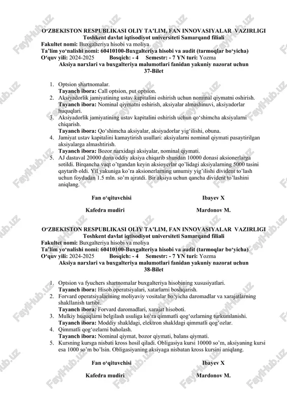 bora: qo‘shimcha aksiyalar, aksiyadorlar yig‘ilishi, obuna. 5. .soft firmasining yillik sof foydasi $25 milliard. kompaniyada 1 milliard imtiyozli aksiyalar mavjud va har bir imtiyozli aksiyaga $2 dividend to‘lanadi. kompaniyaning umumiy oddiy aksiyalar soni 5 milliard. imtiyozli aksiyalarga to‘lanadigan dividendlarni chegirib, soft firmasining bir aksiyaga to‘g‘ri keladigan foydasi qancha bo‘ladi? fan o‘qituvchisi ibayev x kafedra mudiri mardonov m. oʻzbekiston respublikasi oliy taʼlim, fan innovasiyalar vazirligi toshkent davlat iqtisodiyot universiteti samarqand filiali fakultet nomi: buxgalteriya hisobi va moliya ta’lim yo‘nalishi nomi: 60410100-buxgalteriya hisobi va audit (tarmoqlar bo‘yicha) oʻquv yili: 2024-2025 bosqich: - 4 semestr: - 7 yn turi: yozma aksiya narxlari va buxgalteriya malumotlari fanidan yakuniy nazorat uchun 36-bilet 1. mulkiy huquqlarni belgilash usuliga ko‘ra qimmatli qog‘ozlarning turkumlanishi. tayanch ibora: moddiy shakldagi, elektron shakldagi qimmatli qog‘ozlar. 2. qimmatli qog‘ozlarni baholash. tayanch ibora: nominal qiymat, bozor qiymati, balans qiymati. 3. oxirgi veksel ushlab turuvchi tomonidan veksel olishda hisobda aks ettirish: solo-veksel (oddiy), tratta …