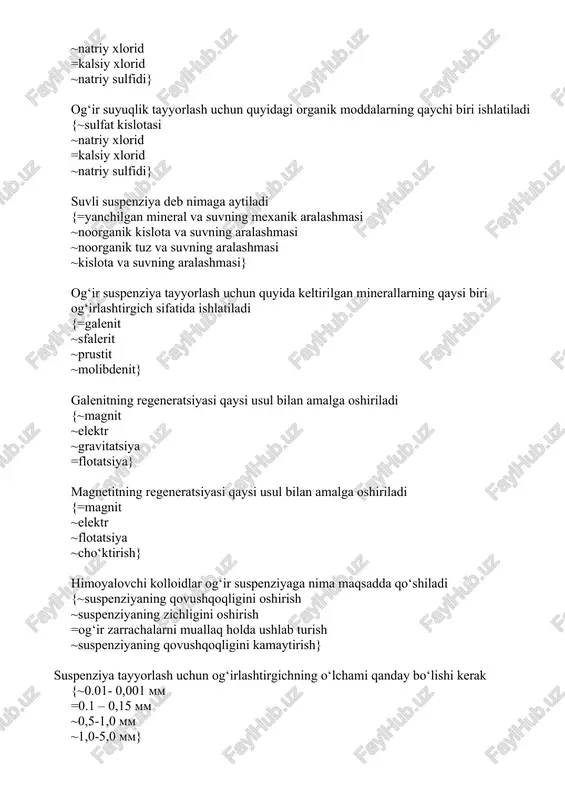 yotgan maxsulotning yirik bo’laklari} og‘ir suyuqliklarda boyitishda yengil minerallar o’zini qanday tutadi {~chukadi =yuzaga qalqib chiqadi ~muallak xolda bo’ladi ~muxitdan chiqib ketadi} og‘ir suyuqliklarda boyitilganda og‘ir zarrachalar o’zini qanday tutadi {~muxitdan chikib ketadi ~muallaq turadi ~yuzaga qalqib chiqadi =chukadi} og‘ir suyuqliklarni tayyorlashda quyidagi noorganik moddalarning qaysi biri ishlatiladi {~sulfat kislotasi ~natriy xlorid ~natriy sulfit =kalsiy xlorid} og‘ir suyuqliklarni tayyerlashda quyidagi organik moddalarning qaysi biri ishlatiladi {~piridin =dibrometan ~sirka kislotasi ~turtxlorli uglerod} og‘ir suyuqliklar tayyerlashda quyidagi minerallarning qaysi biri og‘irlashtirgich sifatida ishlatiladi {~prustit ~sfalerit =galenit ~molibden} galenitning regeneratsiyasi qaysi usul bilan amalga oshiriladi {~magnit ~elektr =flotatsiya ~gravitatsiya} magnetitning regeneratsiyasi qaysi usul bilan amalga oshiriladi {~flotatsiya ~elektr =magnit ~cho‘ktirish} og‘ir suspenziyaga «ximoyalovchi kolloidlar» nima maqsadda qo‘shiladi {~suspenziyaning qovushqoqligini oshirish =og‘ir zarrachalarni muallaq xolda ushlab turish ~suspenziyaning zichligini oshirish ~suspenziyaning zichligini kamaytirish} og‘ir suyuqliklar tayyerlashda og‘irlashtirgichning o‘lchami qanday bo‘lishi kerak {~0,01-0,001 mm ~1,0-5,0 mm ~0,5-1,0 mm =0,1-0,15 mm} porshenli cho‘ktirish mashinalarida porshen minutiga …