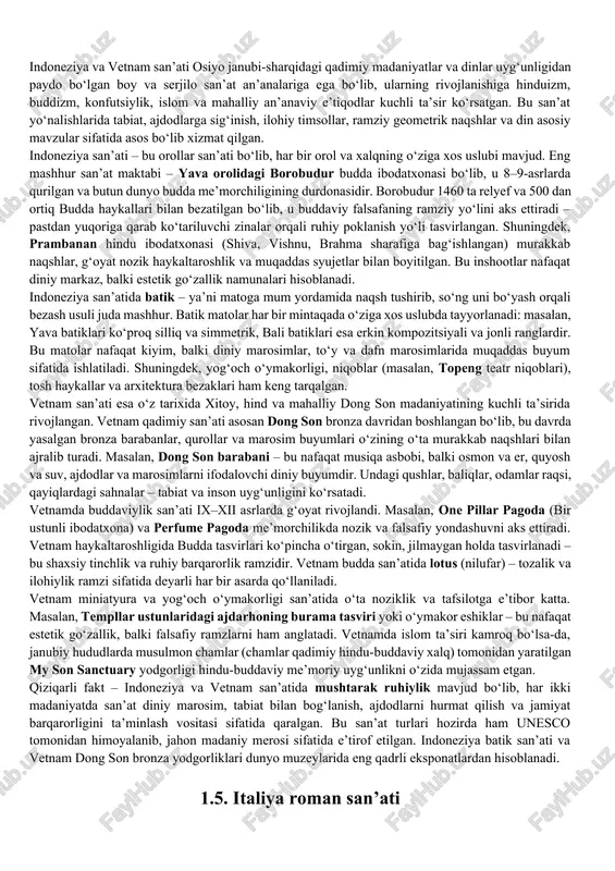 buyuk imperiya g‘oyalarini san’at vositasida ramziy ravishda ifoda etgan bo‘lib, uning naqadar jozibali va samoviy ohangdorligi ko‘plab xalqlar ruhiyatiga chuqur singib ketgan. 1.3. abbosiylar davri san’ati abbosiylar davri san’ati (750–1258-yillar) islomiy san’at tarixidagi eng muhim va sermazmun davrlardan biri bo‘lib, u nafaqat musulmon dunyosida, balki umumjahon madaniyatida ham chuqur iz qoldirgan. abbosiylar xalifaligi o‘z poytaxti bag‘dodda (va keyinroq samarqand, basra, ray, qohira singari shaharlarda) buyuk ilm-fan, adabiyot va san’at markazlarini yaratgan. bu davr san’ati diniy va dunyoviy yo‘nalishlarda parallel ravishda rivojlangan bo‘lib, antik yunon, fors, hind va vizantiya madaniy ta’sirlarini chuqur o‘zlashtirgan holda noyob va mustaqil islomiy estetikani shakllantirgan.abbosiylar san’atining asosiy tamoyili – tasvirlardan saqlanish, ramzlar va naqshlar orqali g‘oyalarni ifodalash bo‘lib, bu qur’oni karimdagi "tasvirga sig‘inishdan" ogohlantirishga asoslanadi. shuning uchun surat va haykaltaroshlik o‘rniga arabesk, kufiy yozuvi, geometrik va floral naqshlar eng yuksak badiiy ifoda vositalariga aylangan. masalan, kufiy yozuvlar qur’on nusxalarida, me’moriy bezaklarda, keramika va matolarda nafis bezak …
