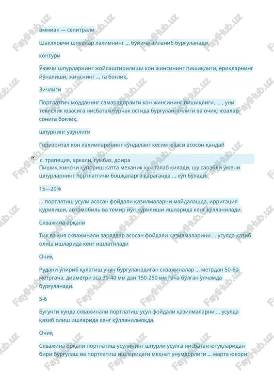 'iga yoki uchqun ta'siri ostida engil portlaydi. uyg'otuvchi portlovchi moddalar olovli pilik - presslangan qora porox (78% kaliy selitrasi, 12 % ko'mir va 10% qo'rg'oshin kukuni) dan tashkil topgan bo'lib, pilik gidroizolyatsiya qilingan bir necha ip qatlamlaridan tashkil topgan. olovli pilik ... asosan ochiq va er osti kon ishlaridagi shahar sharoitidagi va tor joylarda portlatish ishlarini amalga oshirishda, er osti lahmlarini o'tish sharoitida tog' jinslarining bir xil va to'liq maydalanishiga erishish uchun va boshqa ishlarda qo'llaniladi nimsekinlashgan portlovchi elektrodetonatorlar silijish burchagi jinslarning fizik-mexanik hususiyatlariga, koni yotish burchagiga ... bog'liq holda keng ko'lamda o'zgaradi. qazib olish chuqurligiga er yuzasining siljishga uchragan qismini ... deyiladi siljish muldasi foydali qazilmalarni qazib olishda er yuzasini siljishga olib kelmaydigan chuqurligi ... deyiladi.. xavfsiz chuqurlik kon lahimlari o'tish va foydali qazilmalarni qazib olishdan hosil bo'ladigan bo'shliqlar vaqt o'tishi bilan upirilgan jinslar hisobiga to'lib boradi natijada konning ustki qismidagi jinslar massasi deformatsiyalanib, erning yuqori qismini sekin-asta bir …