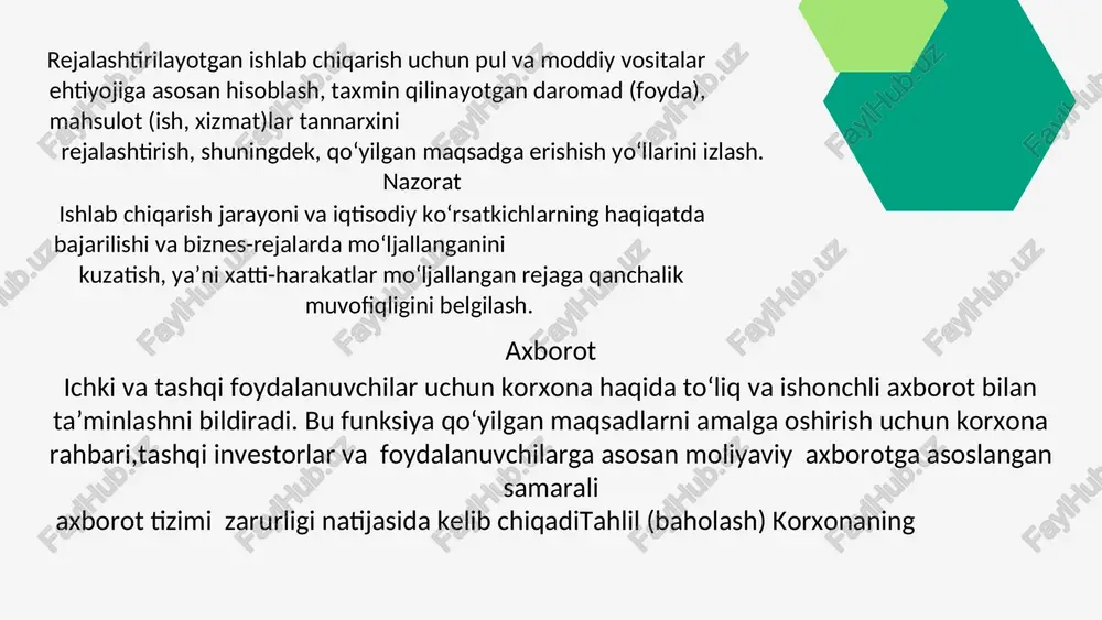 xgalteriya hisobining bazaviy qoidalari va tamoyillarini tushuntirish va umumlashtirish, asosiy tushunchalarni bayon qilish, u yoki bu buxgalteriya usullarini hisobga olgan holda o‘zbekiston respublikasida hisobning o‘ziga xos xususiyatlarini qo‘llashdan iborat. «buxgalteriya hisobi to‘g‘risida»gi o‘zbekiston respublikasi qonunining ko‘rsatmalari va moddalari buxgalteriya hisobining milliy andozalarida (bhma) o‘z rivojini topdi. hozirgi kunga qadar quyidagi bhma lar tasdiqlandi: 1. hisob siyosati va moliyaviy hisobot. 2. asosiy xo‘jalik faoliyatidan olingan daromadlar. 3. moliyaviy natijalar to‘g‘risida hisobot. 4. tovar-moddiy zaxiralar. 5. asosiy vositalar. 6. lizing hisobi. 7. nomoddiy aktivlar. b 8. konsolidallashgan moliyaviy hisobotlar va shu’ba xo‘jalik jamiyatlariga qo‘yilgan investitsiyalar hisobi. 9. pul oqimi to‘g‘risida hisobot. u x 10. davlat subsidiyalari hisobi va davlat yordamini izohlash. 11. ilmiy-tadqiqot va tajriba-konstruktorlik ishlariga qilingan xarajatlar. 12. moliyaviy investitsiyalar hisobi. 13. aksiyaga to‘g‘ri keladigan foyda. 14. qo‘shma faoliyatda qatnashish ulushini moliyaviy hisobotda 14. qo‘shma faoliyatda qatnashish ulushini moliyaviy hisobotda aks ettirish. 15. buxgalteriya balansi. 16. buxgalteriya balansi tuzilgan sanadan keyingi …