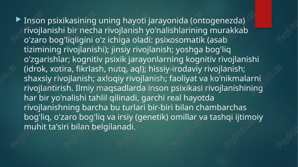 lar paytida bosh barmog'i qolganlarga qarama-qarshi bo'lib, bu faqat odamlarga xosdir. maktabgacha yoshdagi (bir yoshdan uch yoshgacha) maktabgacha yoshdagi (bir yoshdan uch yoshgacha) bolaning o'ziga xos insoniy, ijtimoiy tabiatdagi faoliyati va voqelikni ongli ravishda aks ettirishning insonga xos shakli paydo bo'lishi va dastlabki rivojlanishi bilan tavsiflanadi. bu davrda bolaning psixikasidagi asosiy o'zgarishlarning mohiyati shundan iboratki, bola darhol o'zini o'rab turgan ob'ektlar dunyosiga insoniy munosabatni o'zlashtiradi. bundan tashqari, bolaning ob'ektlarning xususiyatlarini bilish ular bilan kattalarning harakatlariga taqlid qilish orqali amalga oshiriladi, ya'ni ob'ektlarni bilish ularning funktsiyalarini tushunish bilan bir vaqtda sodir bo'ladi. bola ob'ektlarning funktsiyalarini ikki shaklda o'zlashtiradi. bir tomondan, bu oddiy ko'nikmalarni rivojlantirish, masalan, qoshiq, chashka va hokazolarni boshqarish. ob'ektlarni o'zlashtirishning yana bir shakli o'yin davomida ularni manipulyatsiya qilishdir. o'yinning paydo bo'lishi bolaning psixikasining rivojlanishida yangi bosqichni belgilaydi. u allaqachon dunyoni nafaqat kattalar bilan muloqot qilish orqali, balki o'zi ham o'rganmoqda. shu asosda bola so'zlarni o'zlashtiradi, ular ham u tomonidan …