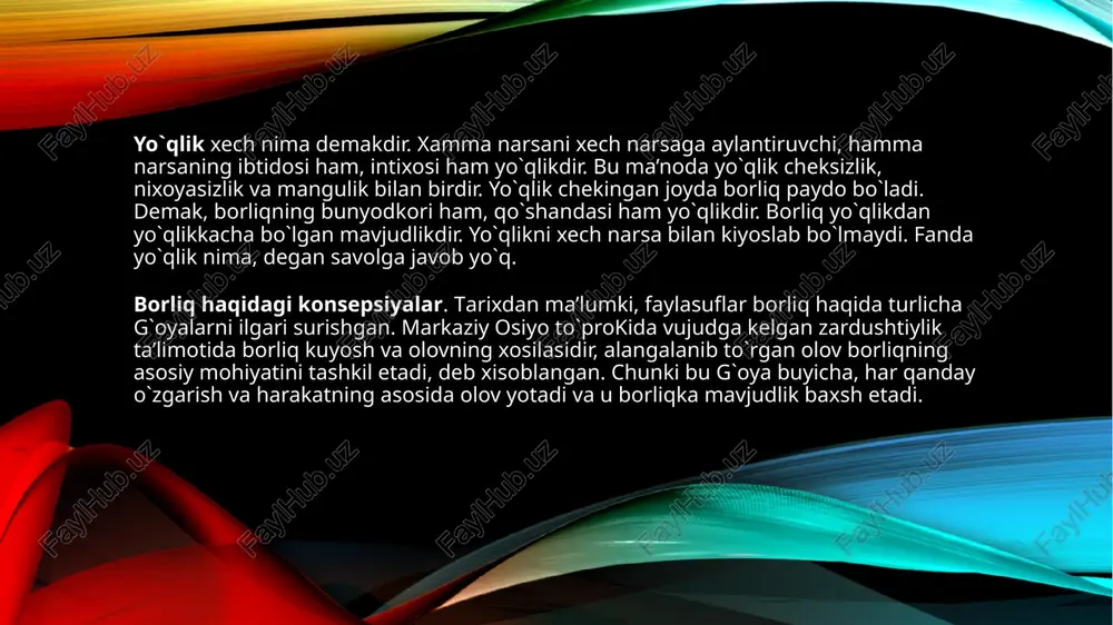 arda uchraydi: - inson borliqi (insonning narsalar olamidagi borliqi va odamning o`ziga xos bo`lgan insoniy borliqi); - ma’naviy borliq (individuallashgan va ob’ektivlashgan ma’naviy borliq); - sotsial borliq (ayrim odamning tarixiy jarayondagi borliqi va jamiyat borliqi), u ijtimoiy borliq ham deb ataladi. borliqning moddiy shakli materiya o`ziga barcha jismlarni, hodisalarni, jarayonlarni va ularning xususiyatlarini qamrab oladi. bundan tashqari u tafakko`rni ham, olamda mavjud bo`lgan barcha aloqadorliklarni va munosabatlarni ham qamrab oluvchi umumiy falsafiy tushunchadir. borliqning moddiy shakliga xos umumiylikni axtarishning bir yo`nalishi moddiy olamning asosida yotuvchi umumiy mohiyatni axtarish yo`li bo`lib, yuqorida kayd etganimizdek, substansiyani aniqlash yo`lidir. ikkinchi yo`l esa — moddiy olamning asosiy targ`ibiga kiruvchi «kurilish elementlarini»- substratni axtarish yo`li. uchinchi yo`l — hamma narsaning vujudga keltiruvchi bosh sababchisini, ota moddani, ya’ni pramateriyani axtarish yo`li. mana shu yo`l haqida maxsus to`xtab utaylik.olamning substansiyasini axtarishning bu usuli guyoki meva iste’mol qilayotgan kishi, uning kelib chiqishini axtarib, dastlab daraxtga, sungra uning guliga, …
