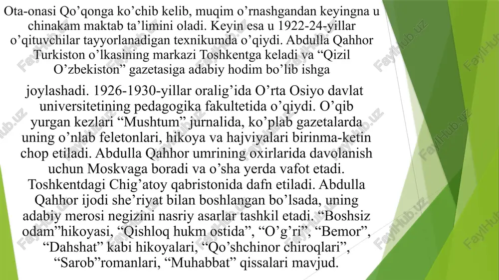 ’liq edi. tom ma’noda adib bu asarda o’sha paytdagi insonlar hayoti ochiq oydin tasvirlangan. o’sha paytdagi odamlarning qaloqligi bir-biriga mexrsizligi to’liq tasvirlangan. 4.”dahshat” hikoyasining syujetini yaratishda abdulla qahhor xalq og’zaki ijodi materiallaridan foydalaniladi. xalq orasida keng yoyilgan diniy afsonalardan biri- qabriston haqidagi afsonalardir. o’sha davrda erkaklar orasida kechasi qabristonda biror ishni bajarib kelish mardlik, kuchlilik hisoblangan. hikoyaning boshida nodirabegim tilidan shunday voqea so’zlab beradi. bu voqeani eslab, aytilishiga darchaga kelib uzilgan bo’yra sababchi bo’ladi. bo’yra hikoyadagi voqealarga turtki bo’lgan. bu hikoyada odamlarning qadrsizlanishi kimda martaba pul bo’lsa o’sha odam xammadan ustun, xamma uning aytganini qilishga mjbur bo’lganligi tasvirlangan. dahshat yozilguniga qadarabdulla qahhor unsin hayotini yashab o’tgan bo’lsa, dahshatdan so’ng nodirabegim yo’lini tutdiki, shu tufayliginau 60-yillar o’zbek ziyolilarning vijdoniga aylana oldi. demak, “dahshat” adib hayotidagi burilish pallasini, uning shu davrdagi ruhiyatini o’zida aks ettirgan asardir. shu ma’noda “dahshat” tom ma’nodagi ijod mahsuli muallifning ma’naviy-ruhiy izlanishlari natijasi sifatida, rostmana shaxsiylangan ijtimoiy dard …