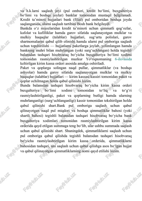 assa mudiri ham o‘zining lavozim majburiyatida belgilab berilgan vazifa va topshiriqlarni ushbu yo‘riqnoma talablari asosida bajarishga mas’uldir. kassa xodimiga ishonib topshirilgan naqd pul va qimmatliklarni asossiz tarzda boshqa shaxslarga topshirish yoki lavozim vazifasi bo‘yicha o‘ziga yuklatilgan kassa operatsiyalarini boshqa xodimlar tomonidan bajarilishi taqiqlanadi.ish tajribasi, bilimi va ko‘nikmalari yetarli bo‘lmagan xodimlarni naqd pul va boshqa qimmatliklar bilan kassa operatsiyalarini mustaqil ravishda bajarishlari taqiqlanadi. kirim va chiqim kassasi kassirlari kassa hujjatlarini imzolash vakolatiga ega bo‘lgan buxgalteriya va boshqa mas’ul xodimlarning imzo namunalari bilan, kassa hujjatlari bilan ishlovchi buxgalteriya xodimlari esa kassirlarning imzo namunalari bilan ta’minlangan bo‘lishlari lozim. bank kassasiga kirim qilinayotgan naqd pullar va boshqa qimmatliklar kassirlar tomonidan saralangan va donalab sanalgan holda qabul qilinishi shart. 6 -mavzu: kassa xonasini jihozlanish tartiblari reja: 1.tijorat banklarida kassa xonasini jihozlanish tartibi. 2.tijorat banklarida pul mablag’larini but saqlanishi. tomonlar o‘rtasida tuzilgan shartnomaga asosan bank o‘z mijozlaridan naqd pul va boshqa qimmatliklarni saqlash uchun qabul qilishlari …