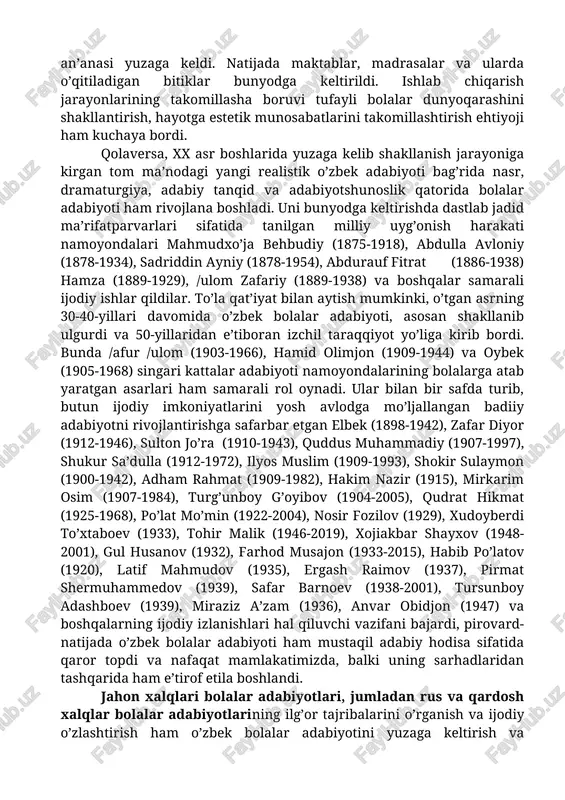 ri, qolaversa, shu an’analar ruhida tarbiyalash niyatlarining moddiylasha borishi zamirida yuzaga kelgan. shu ma’noda ijtimoiy voqelik xalq og’zaki ijodi, boy ananalar ega milliy o’zbek adabiyoti va jahon adabiyoti tajribalarini o’zlashtirish o’zbek bolalar adabiyotini yuzaga keltirgan bosh omillardir: ijtimoiy voqelik har qanday hodisaning, jumladan, ham og’zaki, ham yozma adabiyotning doyasi bo’lganidek, bolalarga mo’ljalangan profesional badiiy adabiyotning ham yuzaga kelishini ta’minlagan muhim omil sanaladi. uzoq o’tmishdayoq ibtidoiy ajdodlarimiz o’z farzandlariga ilk bor mehnat sabog’ini berishganidan boshlab, to hozirgacha bolalarning kattalardan farq qiluvchi o’zgacha olamlari borligini anglash juda murakkab kechdi. monogam oilaning yuzaga kelishi tufayli er va xotin o’rtasida sodir bo’lgan mehnat taqsimoti bu jarayonga kuchli ta’sir ko’rsatdi. endi ota-onasi aniq bo’lgan bolaga jinsiga qarab munosabat ko’rsatish, kasb-hunar o’rgatish bir qadar izga tusha bordi. patriaxat hukmronligi qaror topganligi tufayli o’g’il bola tarbiyasiga e’tibor kuchaydi, qiz bolalarga nisbatan esa ayrim tahqirlovchi munosabat uzoq muddat davomida saqlanib kelindi. nihoyat jamiyat taraqqiy etgan sayin bolalarning bolalik …