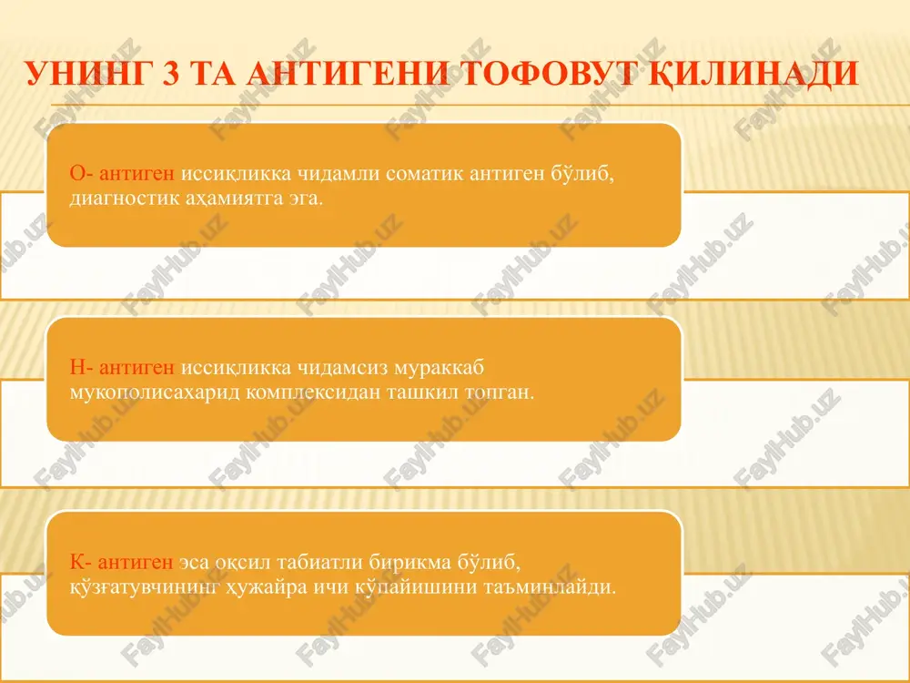 lgilari katta yoshdagilarda suvsizlanish ko'rinishi qora ko'z oynak salmonellezda majburiy holat bolalarda suvsizlanish ko'rinishi klinikasi buyrak faoliyatining buzilishini oliguriya, og'ir kechganda anuriya belgilari sifatida ko'rish mumkin. odatda siydikdagi o'zgarishlar qisqa vaqtli bo'lib, tezda o'z holiga keladi. buyrak zararlanishi bilan kasallik kechishining og'irligi orasida uzviy bog'lanish bor, kasallik qanchalik og'ir kechsa, buyrak faoliyati shunchalik ko'p buziladi. klinikasi asab tizimi faoliyatining buzilishi kasallik belgilarining asosida yotadi, chunonchi bosh og'rishi, uyquning buzilishi, mushaklar tirishishi, entsefalitlar va h.k. kuzatilishi mumkin. salmonellyoz gastrointetinal shaklining tashxisot mezonlari o'ziga xos epidemiologik anamnez uzoqroq to'lqinsimon isitma ko'ngil aynishi, qusish so'ngra ich ketishi chanqash, og'iz qurishi va suvsizlanish belgilari qorin qapchigan, kindik atrofida og'riq va ichaklar quldirashi ba'zi holatlarda gepatosplenomegaliya ichni badbo'y suvsimon ketishi, hojatdan keyin bemorning ahvoli yaxshilanishi qonda leykotsitoz va neytrofilyoz klinikasi tifsimon varianti gastrointestinal turining klinik belgilari bilan o'tkir boshlanadi, ich ketish belgilaridan so'ng ich terlamadagi singari belgilar bilan o'tadi. biroq ich terlamadan farqli ravishda salmonellyozning …