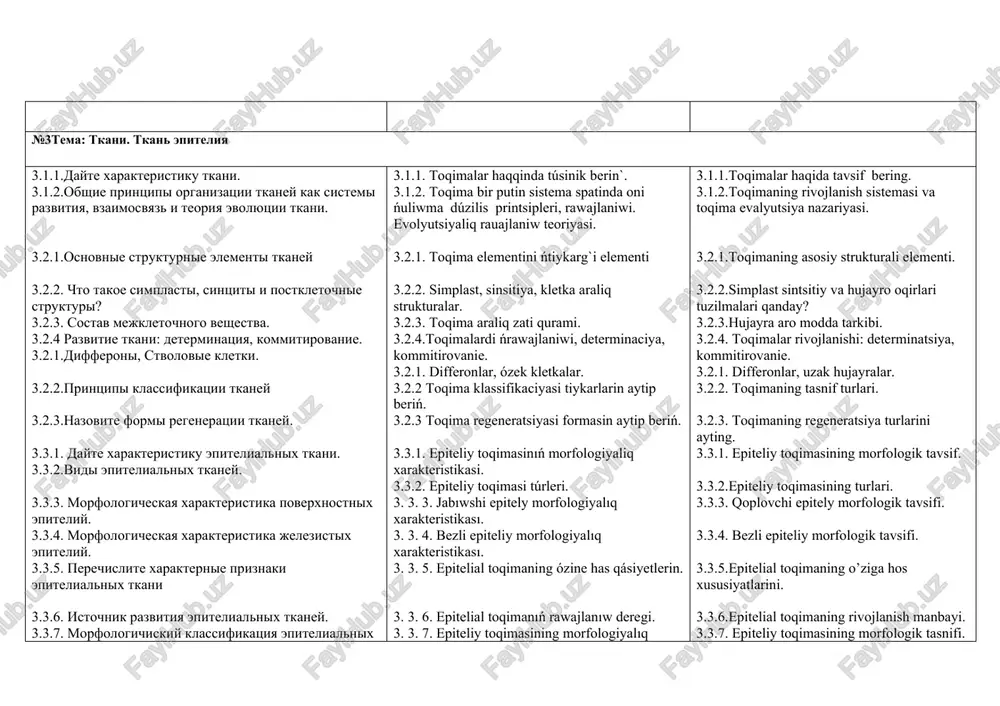 1. fiziologiya kletok: fagotsitoz, pinotsitoz i ix biologicheskoe znachenie. 2.6.2. fiziologiya kletok: razdrajenie, dvijenie, rost, differentsirovka, vnutrikletochnaya regeneratsiya i ix biologicheskoe znachenie. 2.6.3.rasskajite osnovnie morfologicheskie formi gibeli kletok. 2.1.1. kletka bul? 2.1.2. kletka teoriyasi. 2.1.3. kletkaniń qurami hám orinlaytuǵin waziypalari. 2.2.1.plazmolemmaniń ximiyaliq qurami. 2.2.2.plazmolemmaniń dúzilisi hám waziypalari. 2.3.1.citoplazma hám gialoplazmaniń dúzilisi hám waziypasi 2.3.2 gialoplazma bul ne? 2.3.3. organellalardiń xarakteristikasi hám klassifikatsiyasi tasnifi. 2.3.4. membranali organellalardiń túrleri hám waziypalari 2.3.5.membranasiz organellalardiń túrleri hám waziypalari 2.3.6.endoplazmatik to’rdiń dúzilisi hám waziypalari 2.3.7.goldji kompleksiniń gistologiyaliq strkuturasi 2.3.8. lizosomaniń hám peroksisomaniń waziypalari 2.3.9. mitoxondriyaniń dúzilisi hám waziypasi 2.3.10.ribosomaniń duzilisi hám waziypalari 2. 3. 11. kletka orayı hám centriolaning dúzilisi hám wazıypası 2. 3. 16. citoskelet haqqında túsinik beriń. mikronaysha, mikrofibrilla hám mikrofilamentler dúzilisi hám xızmeti. 2. 3. 14. citoplazmadagi kiritpeler hám olardıń wazıypaları. 2. 3. 15. sekretor hám trofik kiritpeler haqqında túsinik. 2. 3.16. ekskretor hám pigment kiritpeler haqqında túsinik. 2.3 17. kletkalar ara …