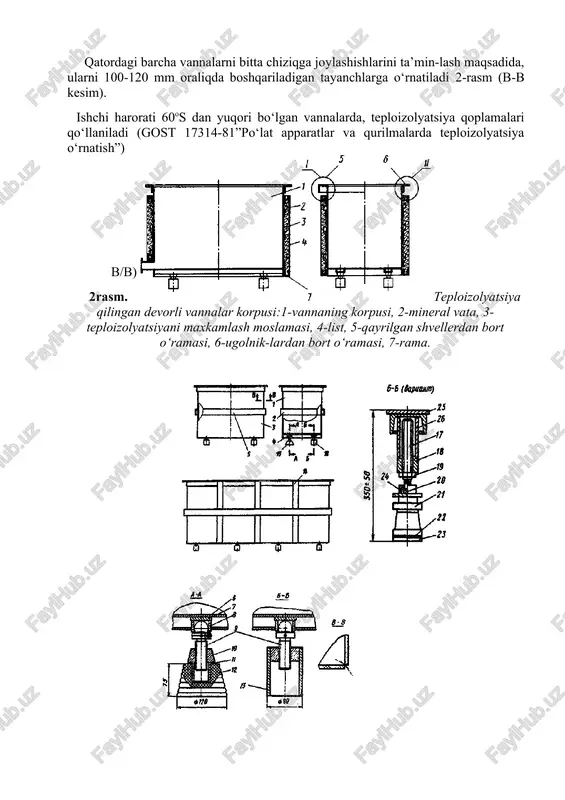 ko‘ylakli vanna: 1-tashqi vanna, 2-ishchi vanna, 3-ko‘ylakka sovuq suv berish quvuri, 4-ko‘ylakdan suv to‘kuvchi quvur, 5-sovutish zmeyevigi, 6-elektr isitgich, 7-plastina, 8-zichlovchi prokladka, 9-qopqoq, 10-isitgich flanetslari, 11-himoya ayvoni, 12-voronka, 13-to‘kuvchi quvur. galvanika sexlarida vannalardagi eritmalarni isitish uchun, issiq-lik tashuvchi material sifatida, to‘yintirilgan va qizdirilgan suv bug‘i, elektr energiyasi, qizdirilgan suvlar qo‘llaniladi. issiqlik tashuvchidan qat’iy nazar vannalar ikki xil usulda isitiladi: -isituvchi element suv ko‘ylagiga joylashtiriladi; -eritma ichiga to‘g‘ridan to‘g‘ri isituvchi element joylashtiriladi (8,9-rasmlar); -isituvchi ten lar eritma ichiga o‘rnatiladi (10-rasm). hozirgi vaqtlarda ko‘p sonli turli isitish moslamalari ichida eng qulayi, vanna devorlarini ikki qavat qilib, suv ko‘ylagi xosil qilib, orasiga issiqlik tashuvchi suyuqliklar: suv, glitserin, kerosin va xokazolarni quyib, elektr ten lar yordamida kerakli haroratda ushlab turish orqali jarayonga kerakli sharoitlar yaratiladi. vannadagi eritma isituvchi element materialiga kimyoviy faolsiz xollarda vanna tubiga yoki yon devorlariga zmeyeviklar xolida o‘rnatiladi. zmeyeviklar tayyorlashda ishlatiladigan materiallarning eritmaning tarkibiga bog‘liqligi: -oz uglerodli po‘latlar – ishqorlarga va …