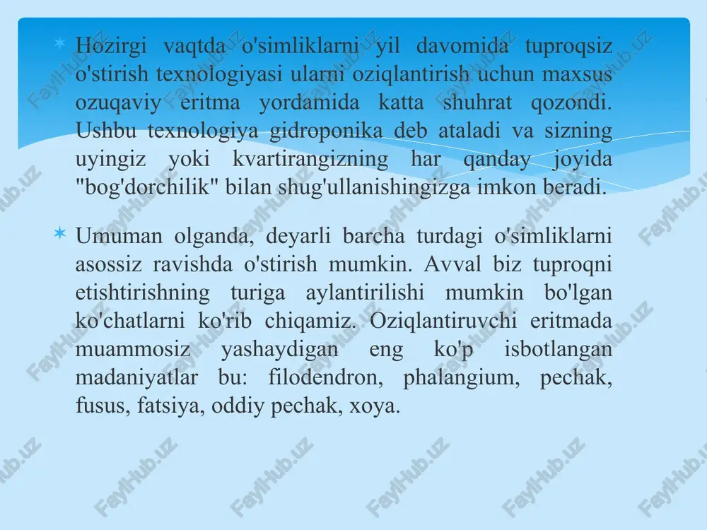 imasi 1 litr suvda ca(no3)2 - 1 gr; kh2po4-0,25 gr; mgso4-0,25 gr, kcl-0,125 gr, fecl3-0,0125 gr tajriba natijalariga tayangan holda knop shunday deydi- kul tarkibidagi ayrim elementlarning etishmasligidan o'simlik normal o'sa olmaydi, hamda o'simlik normal o'sishi va rivojlanishi uchun quyidagi 7 ta element zarur deydi. bular k, ca, mg, fe, s, p va n. ichidan faqatgina azot kul tarkibidagi element hisoblanmaydi sababi, yonganda uchib ketadi. makroelementlarga - o'simliklar tarkibidagi miqdori 10-2% va undan ko'p bo'lgan barcha elementlar (n, p, k, ca, na, mg va boshqalar) kiradi. mikroelementlarga - o'simliklar tarkibidagi miqdori 10-3 - 10-5% bo'lgan elementlar (mn, b, cu, zn, mo va boshqalar) kiradi. ultramikroelementlarga o'simlik tarkibidagi juda oz (10-6% va undan kam) va vazifasi aniqlanmagan (cs, se,hg, ag, au va boshqalar) elementlar kiradi. knop eritmasidan farq qilgan holda, o'simliklarda ularning miqdori 0,001-0,00001% gacha bo'lishi mumkin bo'lgan elementlarni mikroelementlar undan yuqorilarini makro elementlar deb nomladi vegetatsion uslublarni fiziologik tadqiqqotlar natijasida …