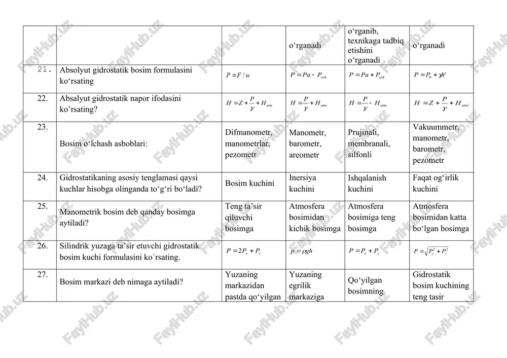 dan katta 39. ideal suyuqlik uchun bernulli tenglamasini ko‘rsating. 40. suyuqlik oqimning asosiy tavsiflarini keltiring. jonli kesim yuza, gidravlik radius, ho’llanish perimetri jonli kesim yuza, bosim yuza, radius tezlik, sarf 41. gidravlik radius qaysi formula yordamida hisoblanadi? 42. quvur gidravlik radiusi nimaga teng? 43. suyuqlik harakati uzluksizlik tenglamasini keltiring: 44. solishtirma sarfni ko‘rsating 45. mahalliy tezlikni pito trubkasi bilan aniqlasak, qaysi formulani qo‘llash mumkin? 46. qaysi ifoda uzluksizlik tenglamasini ifodalamaydi? 47. suyuqlik harakati differensial tenglamalarini kim birinchi bo‘lib keltirib chiqargan? darsi l. eyler bordo grive 48. divergensiya-... istalgan tomonga tarqaluvchi nuqtadan ikki tomonga tarqaluvchi pastga tarqaluvchi bir tomonga tarqaluvchi 49. bir o‘lchamli harakatni ko‘rsating. 50. potensial harakatda faqat quyidagi harakat mavjud. aylanma harakat suyuqlik ilgarilanma harakati to`lqinli harakat uyurmali harakat 51. real suyuqlik oqim chizig‘i uchun bernulli tenglamasini ko‘rsating 52. suyuqlik harakati uchun energiyaning saqlanish qonunini kim birinchi bo‘lib topgan? torichelli lomonosov d. bernulli nyuton 53. bu formula nimani ifodalaydi? …