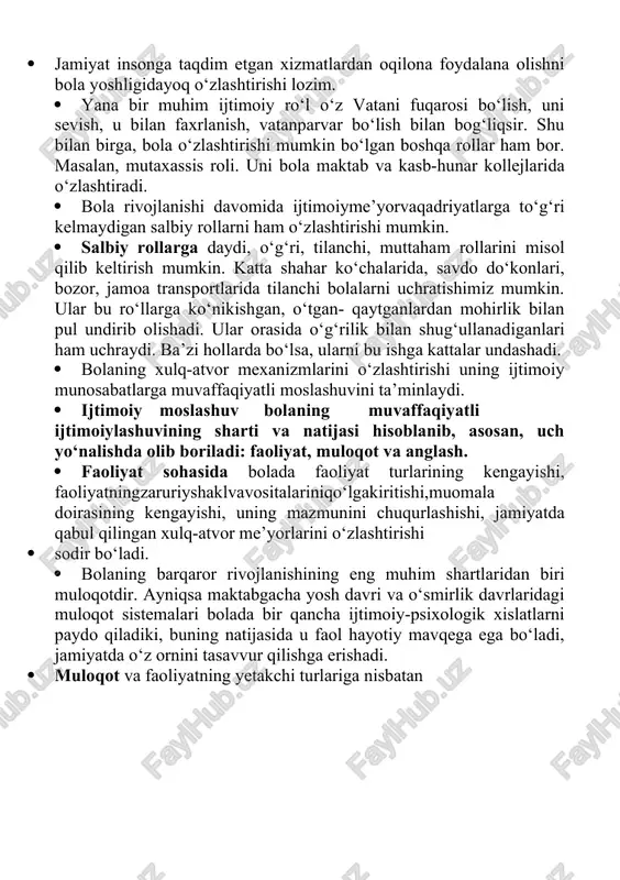 sida o‘g‘rilik bilan shug‘ullanadiganlari ham uchraydi. ba’zi hollarda bo‘lsa, ularni bu ishga kattalar undashadi. bolaning xulq-atvor mexanizmlarini o‘zlashtirishi uning ijtimoiy munosabatlarga muvaffaqiyatli moslashuvini ta’minlaydi. ijtimoiy moslashuv bolaning muvaffaqiyatli ijtimoiylashuvining sharti va natijasi hisoblanib, asosan, uch yo‘nalishda olib boriladi: faoliyat, muloqot va anglash. faoliyat sohasida bolada faoliyat turlarining kengayishi, faoliyatningzaruriyshaklvavositalariniqo‘lgakiritishi,muomala doirasining kengayishi, uning mazmunini chuqurlashishi, jamiyatda qabul qilingan xulq-atvor me’yorlarini o‘zlashtirishi sodir bo‘ladi. bolaning barqaror rivojlanishining eng muhim shartlaridan biri muloqotdir. ayniqsa maktabgacha yosh davri va o‘smirlik davrlaridagi muloqot sistemalari bolada bir qancha ijtimoiy-psixologik xislatlarni paydo qiladiki, buning natijasida u faol hayotiy mavqega ega bo‘ladi, jamiyatda o‘z ornini tasavvur qilishga erishadi. muloqot va faoliyatning yetakchi turlariga nisbatan quyidagi yosh davrlari qo‘llaniladi: 1) go‘daklik davri — bevosita hissiy-ruhiy; 2) go‘daklikdan keyingi davr — predmetli faoliyat; 3) maktabgacha davr — rolli o‘yinlar; 4) ilk maktab davri — o‘quv faoliyati; 5) o‘smirlik davri — kasb ta’limi faoliyati; 6) o‘spirinlik davri — shaxsiy muloqot faoliyati. …