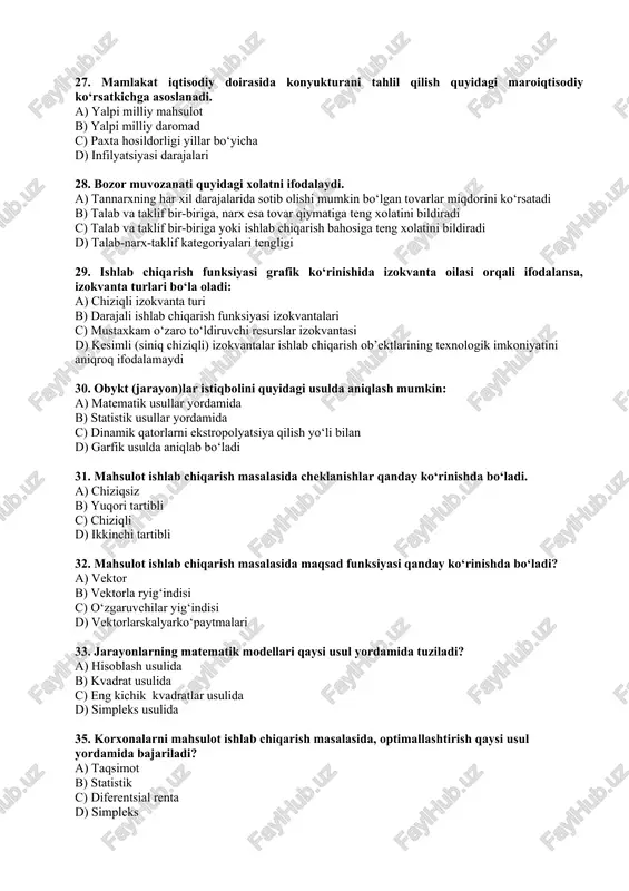 hosildorligi yillar bo‘yicha d) infilyatsiyasi darajalari 28. bozor muvozanati quyidagi xolatni ifodalaydi. a) tannarxning har xil darajalarida sotib olishi mumkin bo‘lgan tovarlar miqdorini ko‘rsatadi b) talab va taklif bir-biriga, narx esa tovar qiymatiga teng xolatini bildiradi c) talab va taklif bir-biriga yoki ishlab chiqarish bahosiga teng xolatini bildiradi d) talab-narx-taklif kategoriyalari tengligi 29. ishlab chiqarish funksiyasi grafik ko‘rinishida izokvanta oilasi orqali ifodalansa, izokvanta turlari bo‘la oladi: a) chiziqli izokvanta turi b) darajali ishlab chiqarish funksiyasi izokvantalari c) mustaxkam o‘zaro to‘ldiruvchi resurslar izokvantasi d) kesimli (siniq chiziqli) izokvantalar ishlab chiqarish ob’ektlarining texnologik imkoniyatini aniqroq ifodalamaydi 30. obykt (jarayon)lar istiqbolini quyidagi usulda aniqlash mumkin: a) matematik usullar yordamida b) statistik usullar yordamida c) dinamik qatorlarni ekstropolyatsiya qilish yo‘li bilan d) garfik usulda aniqlab bo‘ladi 31. mahsulot ishlab chiqarish masalasida cheklanishlar qanday ko‘rinishda bo‘ladi. a) chiziqsiz b) yuqori tartibli c) chiziqli d) ikkinchi tartibli 32. mahsulot ishlab chiqarish masalasida maqsad funksiyasi qanday ko‘rinishda …