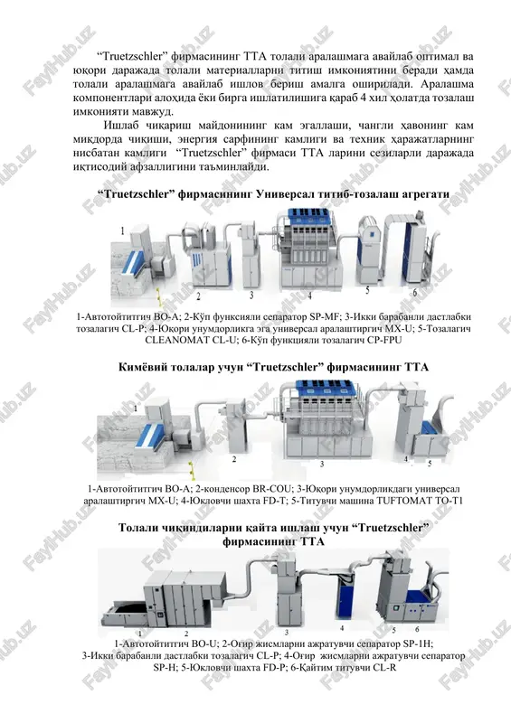 nli tozalagich b380l; 6-tarash mashinasi v153 pnevmomexanik ipi ishlab chiqarish uchun “marzoli” firmasining tta 1-avtotoytitgich v12; 2-ikki barabanli tozalagich v390l; 3-aralashtiruvchi mashina v143l; 4-ventilyator v152; 5-bir barabanli tozalagich v380l; 6-tarash mashinasi v153 nazorat savollari: 1. tta ning ishlashi? 2. tta qanday tanlanadi? 3. mdh ishlatilayotgan tta? 4. tta ni qo'llash? 5. tolali aralashmani qayta ishlash uchun potok tizimlarini joriy qilishning ahamiyati? 6. universal titib-tozalash agregati tarkibi? 7. universal titib-tozalash agregatining asosiy farqi? image6.png image7.png image8.png image9.emf image10.emf image11.emf image1.png image2.png image3.png image4.png image5.png